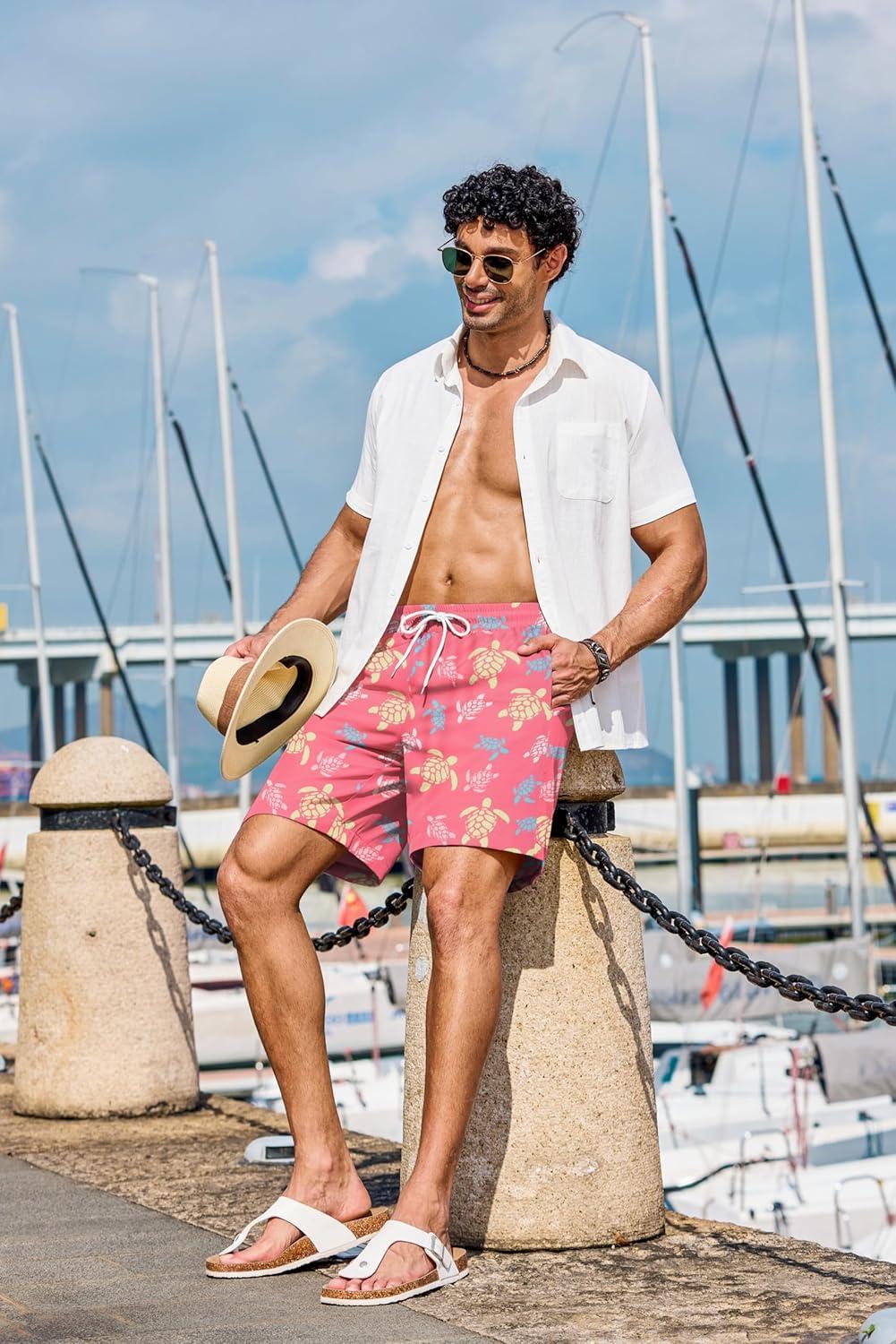 imageCOOFANDY Mens Hawaiian Beach Shorts Elastic Waist Drawstring Lightweight Summer Casual Shorts with PocketPastel Turtles