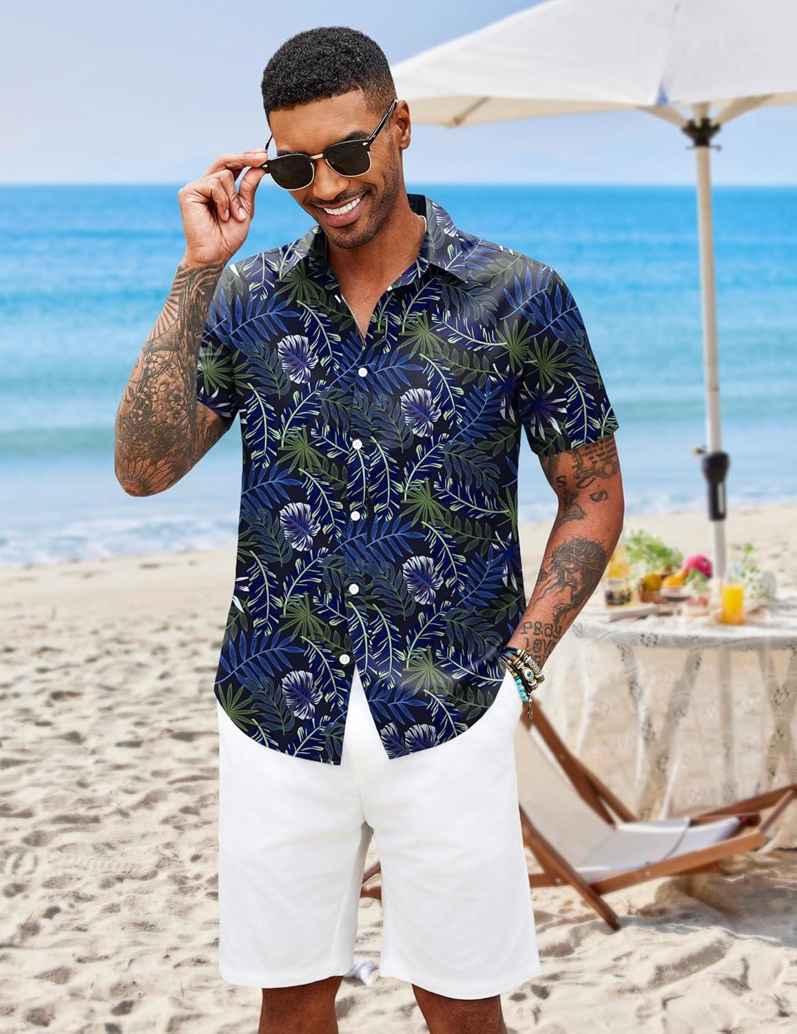imageCOOFANDY Mens Hawaiian Shirts Short Sleeve Button Down Aloha Shirt Casual Beach ClothesBluegreen Fern Leaves