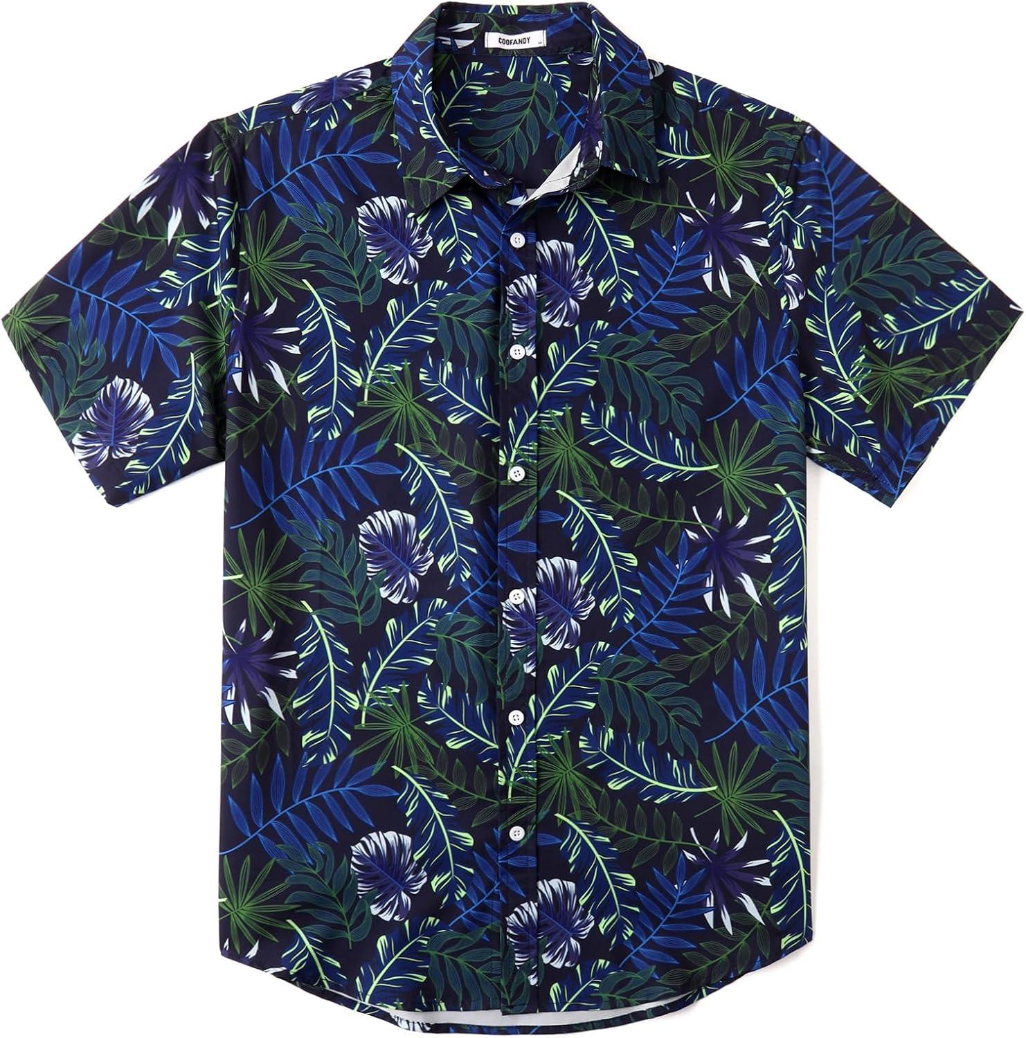 imageCOOFANDY Mens Hawaiian Shirts Short Sleeve Button Down Aloha Shirt Casual Beach ClothesBluegreen Fern Leaves