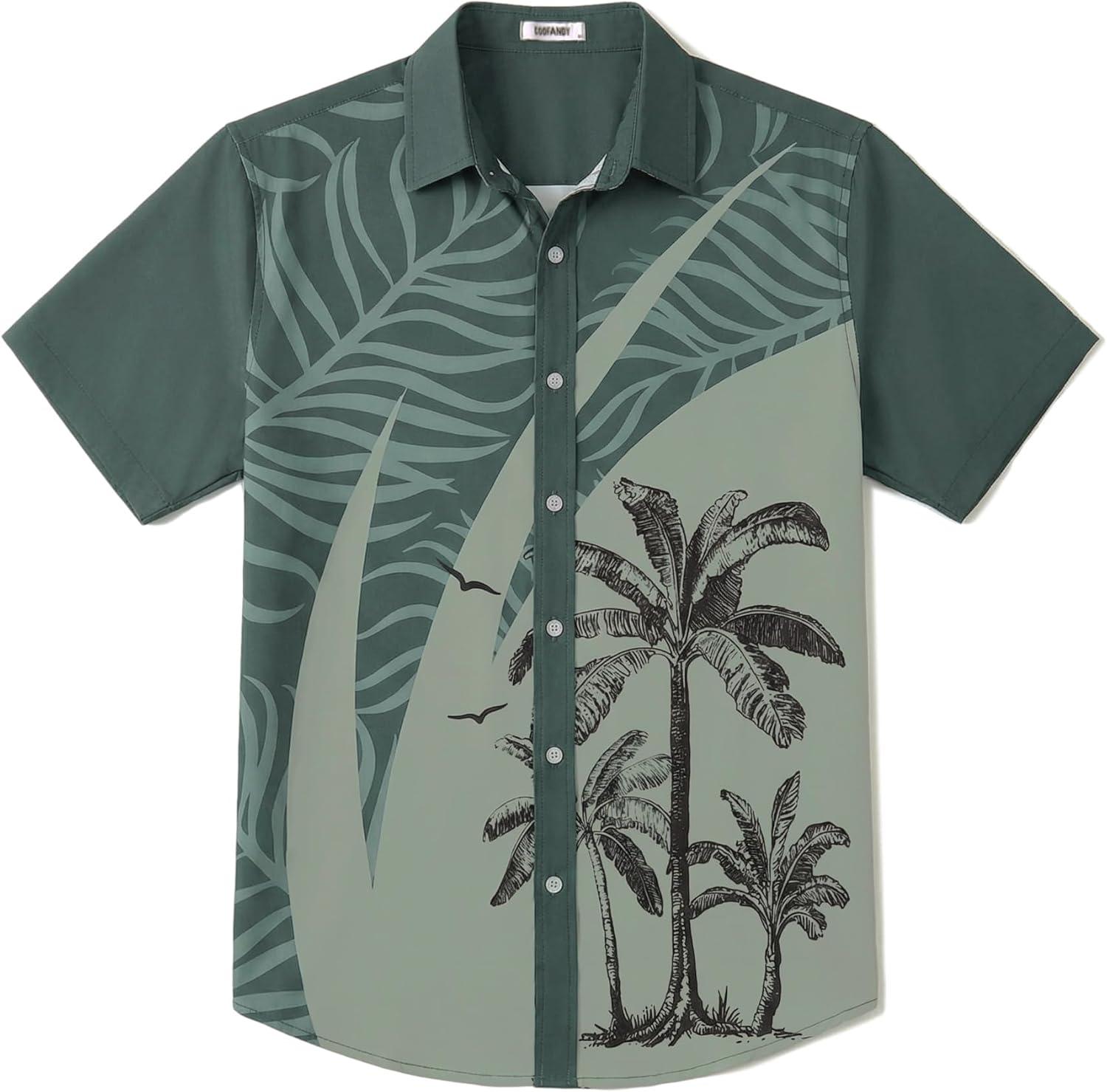 imageCOOFANDY Mens Hawaiian Shirts Short Sleeve Button Down Aloha Shirt Casual Beach ClothesDark Green Palm Tree
