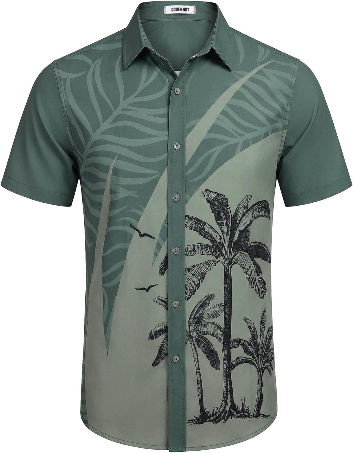 imageCOOFANDY Mens Hawaiian Shirts Short Sleeve Button Down Aloha Shirt Casual Beach ClothesDark Green Palm Tree