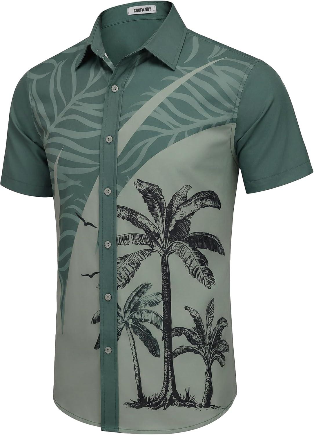imageCOOFANDY Mens Hawaiian Shirts Short Sleeve Button Down Aloha Shirt Casual Beach ClothesDark Green Palm Tree