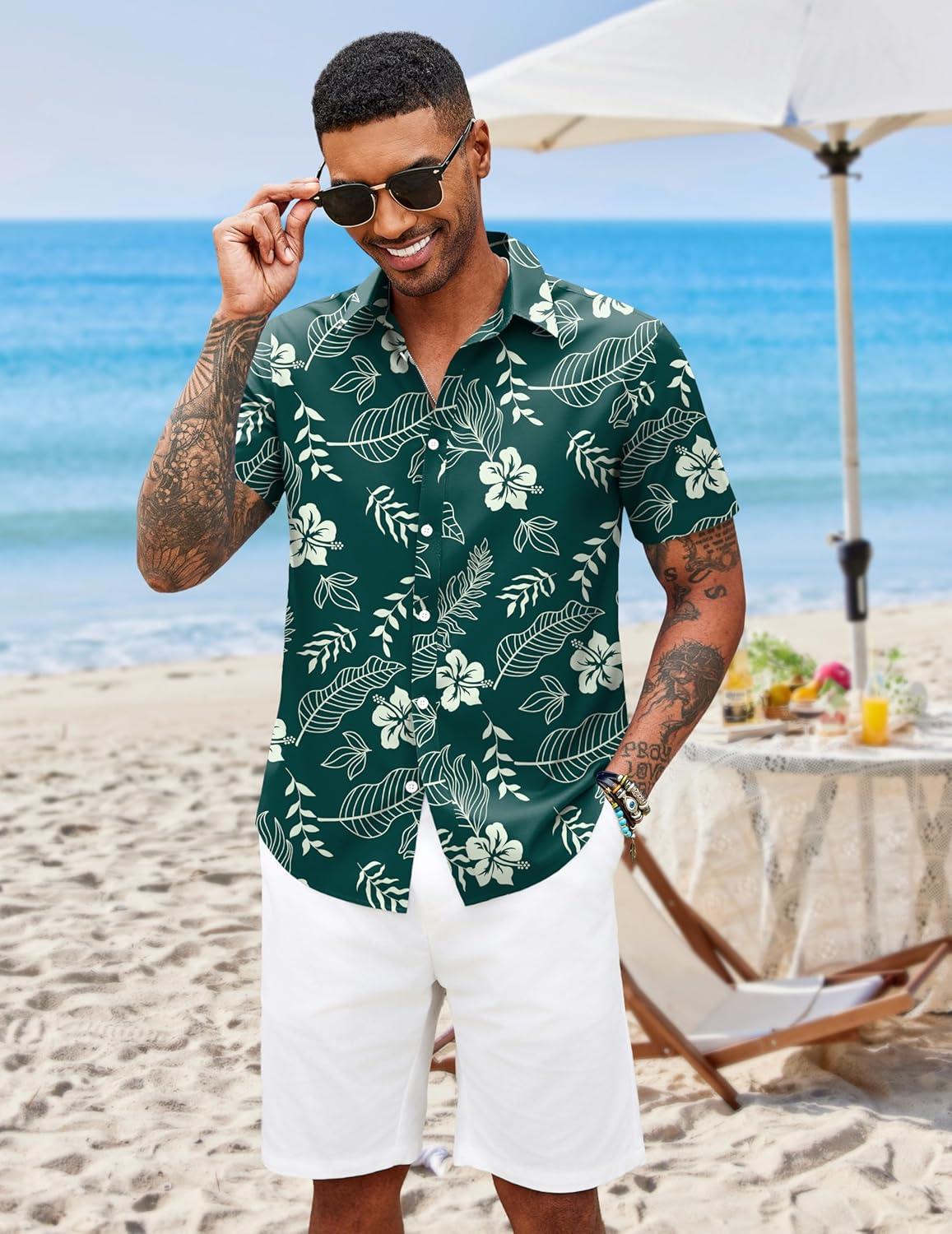 imageCOOFANDY Mens Hawaiian Shirts Short Sleeve Button Down Aloha Shirt Casual Beach ClothesGreen Fern Leaves