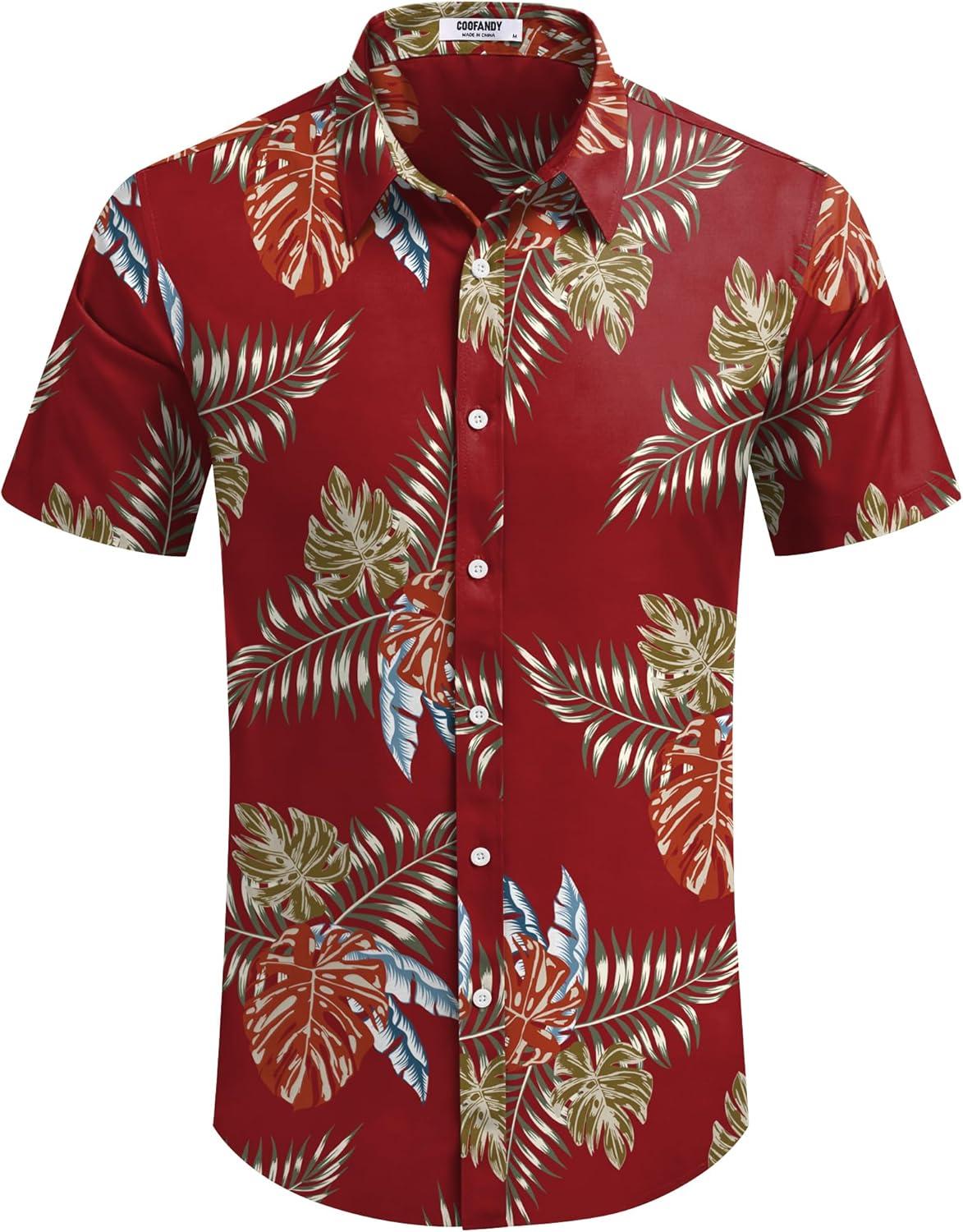 imageCOOFANDY Mens Hawaiian Shirts Short Sleeve Button Down Aloha Shirt Casual Beach ClothesRed Fern Leaves