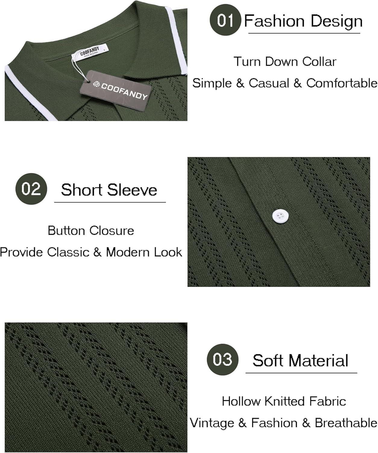 imageCOOFANDY Mens Knit Button Down Shirt Vintage Short Sleeve Polo Shirts Casual Beach TopsArmy Green