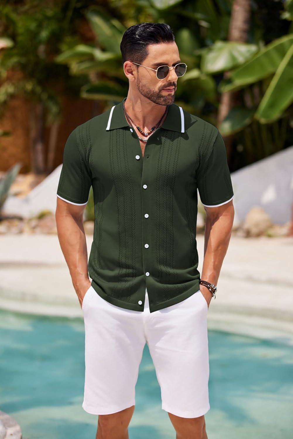 imageCOOFANDY Mens Knit Button Down Shirt Vintage Short Sleeve Polo Shirts Casual Beach TopsArmy Green