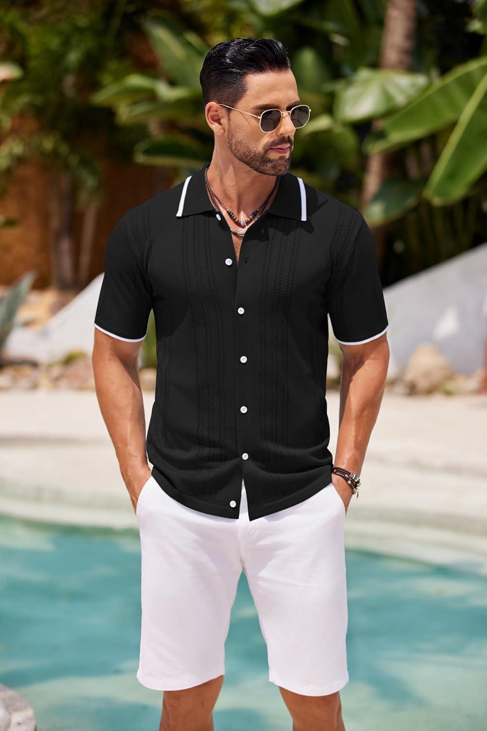 imageCOOFANDY Mens Knit Button Down Shirt Vintage Short Sleeve Polo Shirts Casual Beach TopsBlack