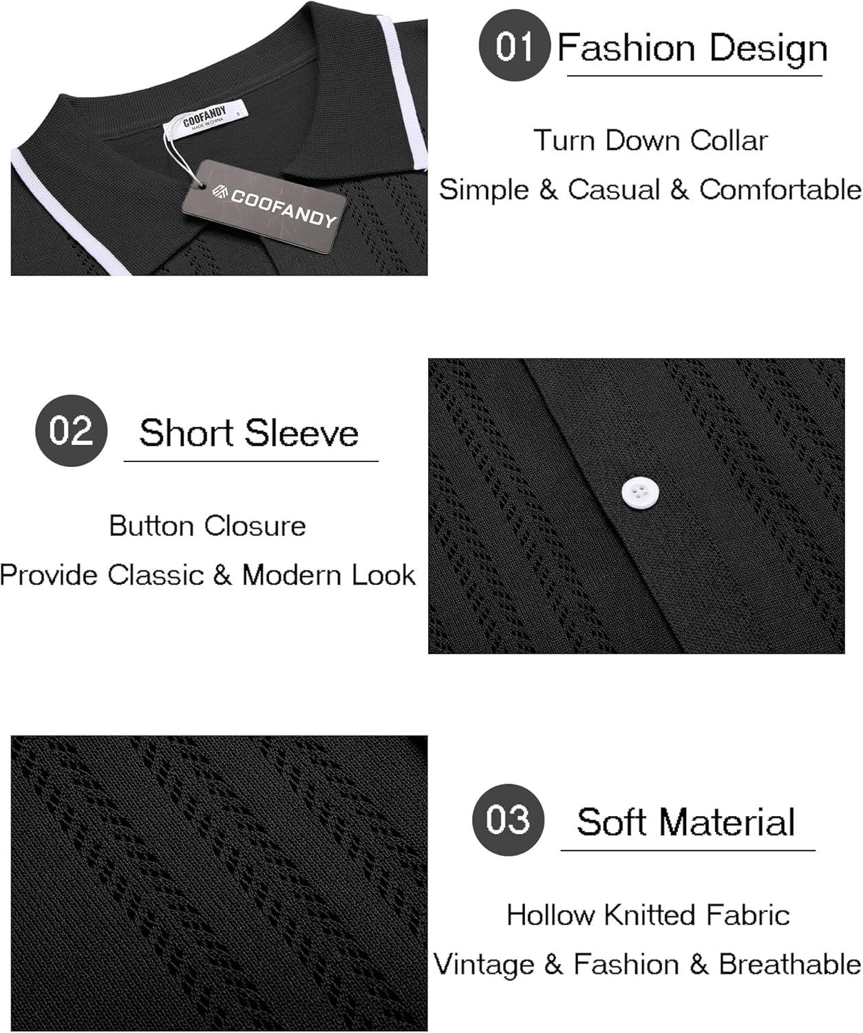 imageCOOFANDY Mens Knit Button Down Shirt Vintage Short Sleeve Polo Shirts Casual Beach TopsBlack