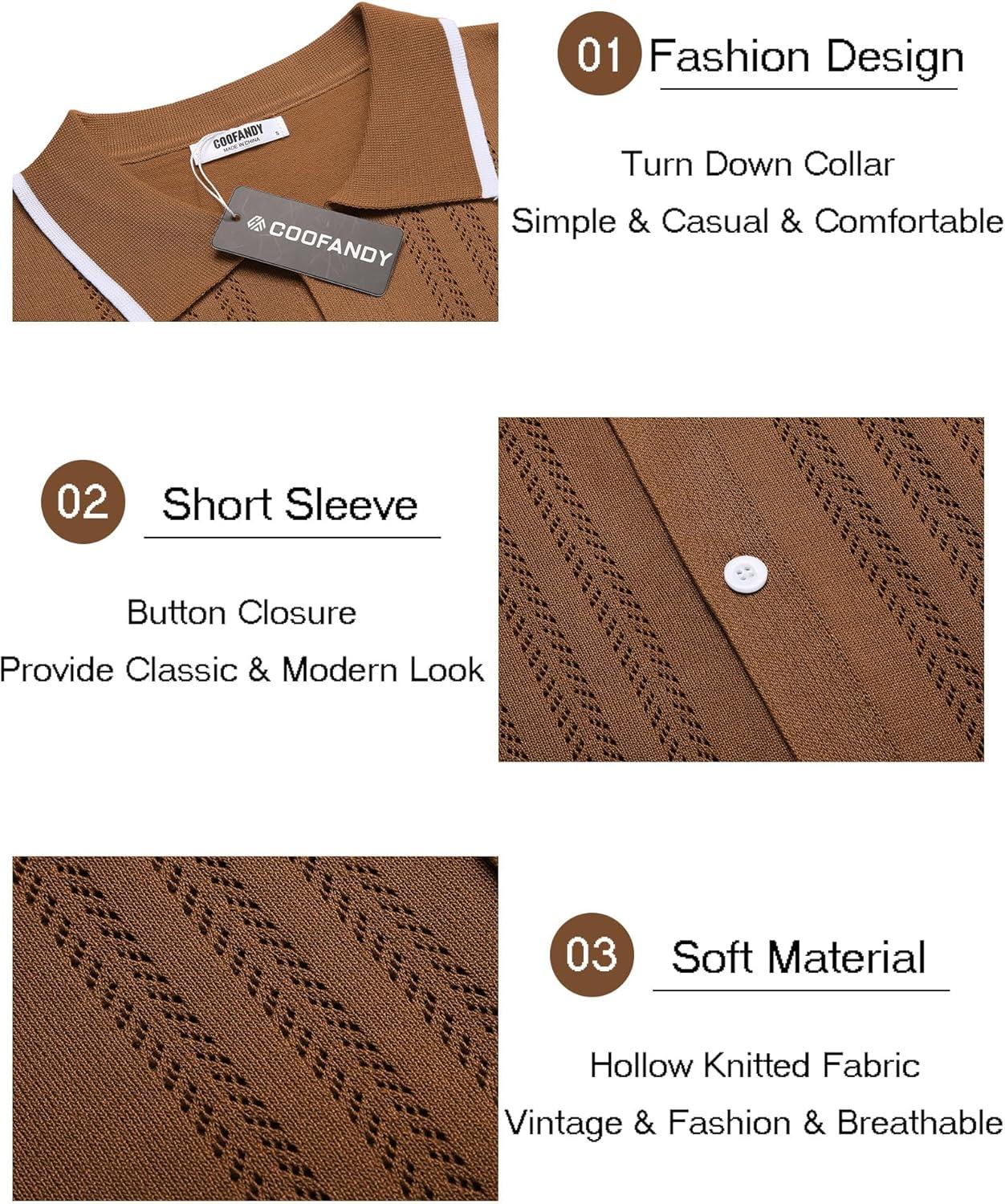 imageCOOFANDY Mens Knit Button Down Shirt Vintage Short Sleeve Polo Shirts Casual Beach TopsBrown