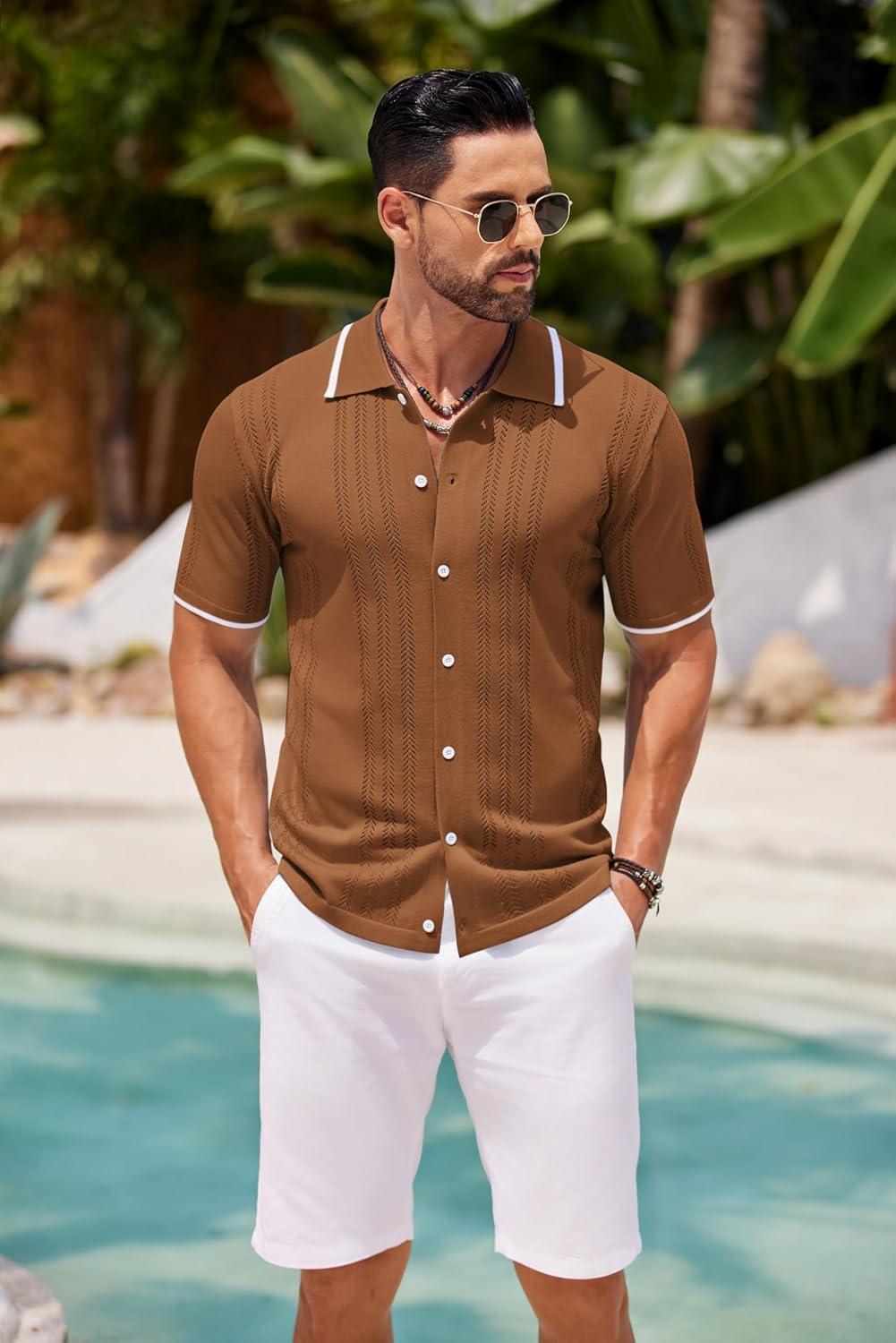 imageCOOFANDY Mens Knit Button Down Shirt Vintage Short Sleeve Polo Shirts Casual Beach TopsBrown