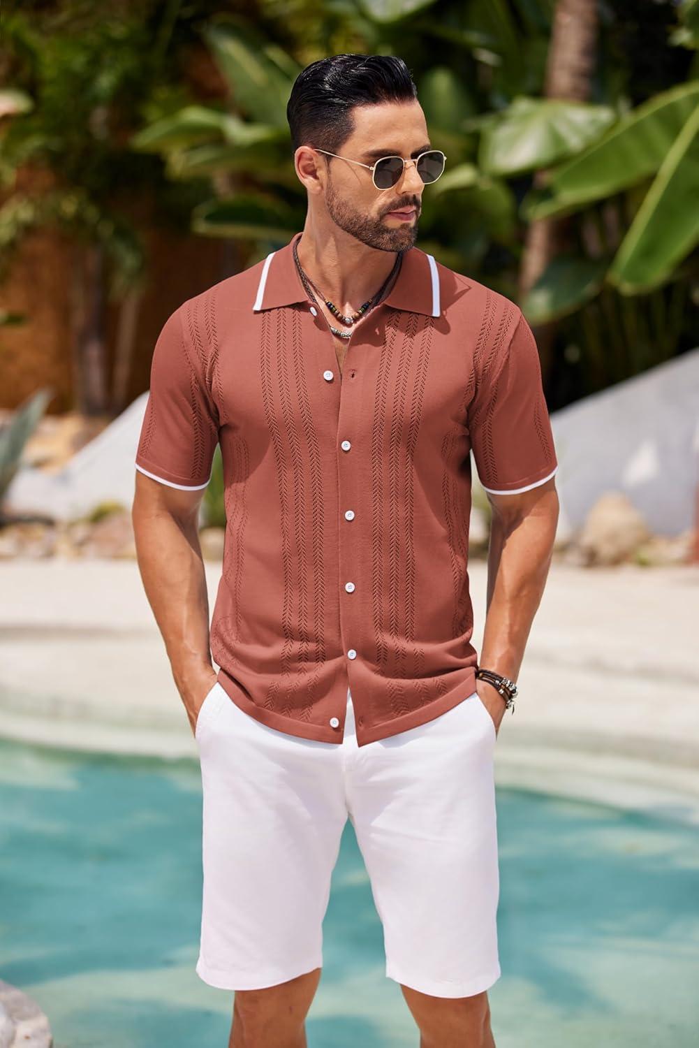 imageCOOFANDY Mens Knit Button Down Shirt Vintage Short Sleeve Polo Shirts Casual Beach TopsCaramel