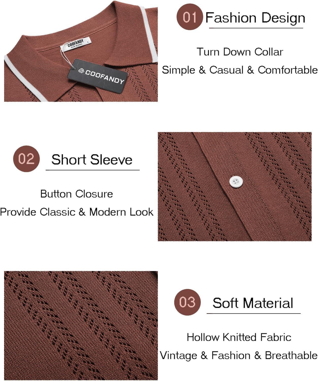 imageCOOFANDY Mens Knit Button Down Shirt Vintage Short Sleeve Polo Shirts Casual Beach TopsDark Brown