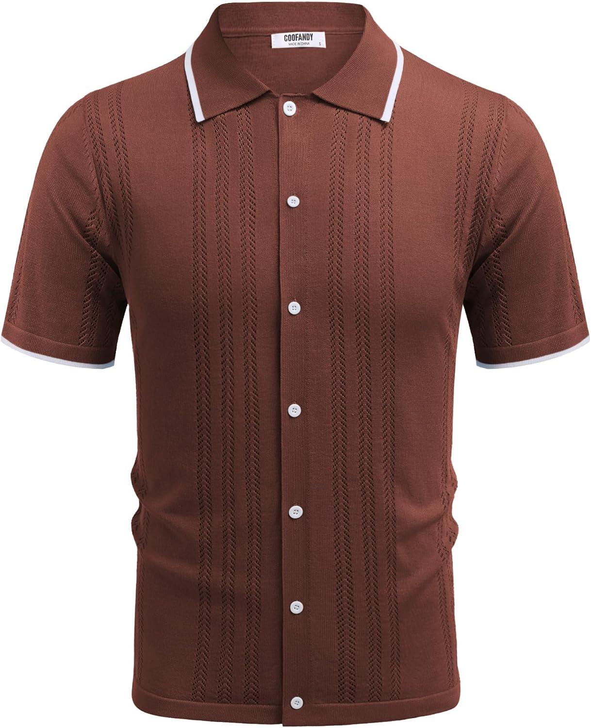 imageCOOFANDY Mens Knit Button Down Shirt Vintage Short Sleeve Polo Shirts Casual Beach TopsDark Brown