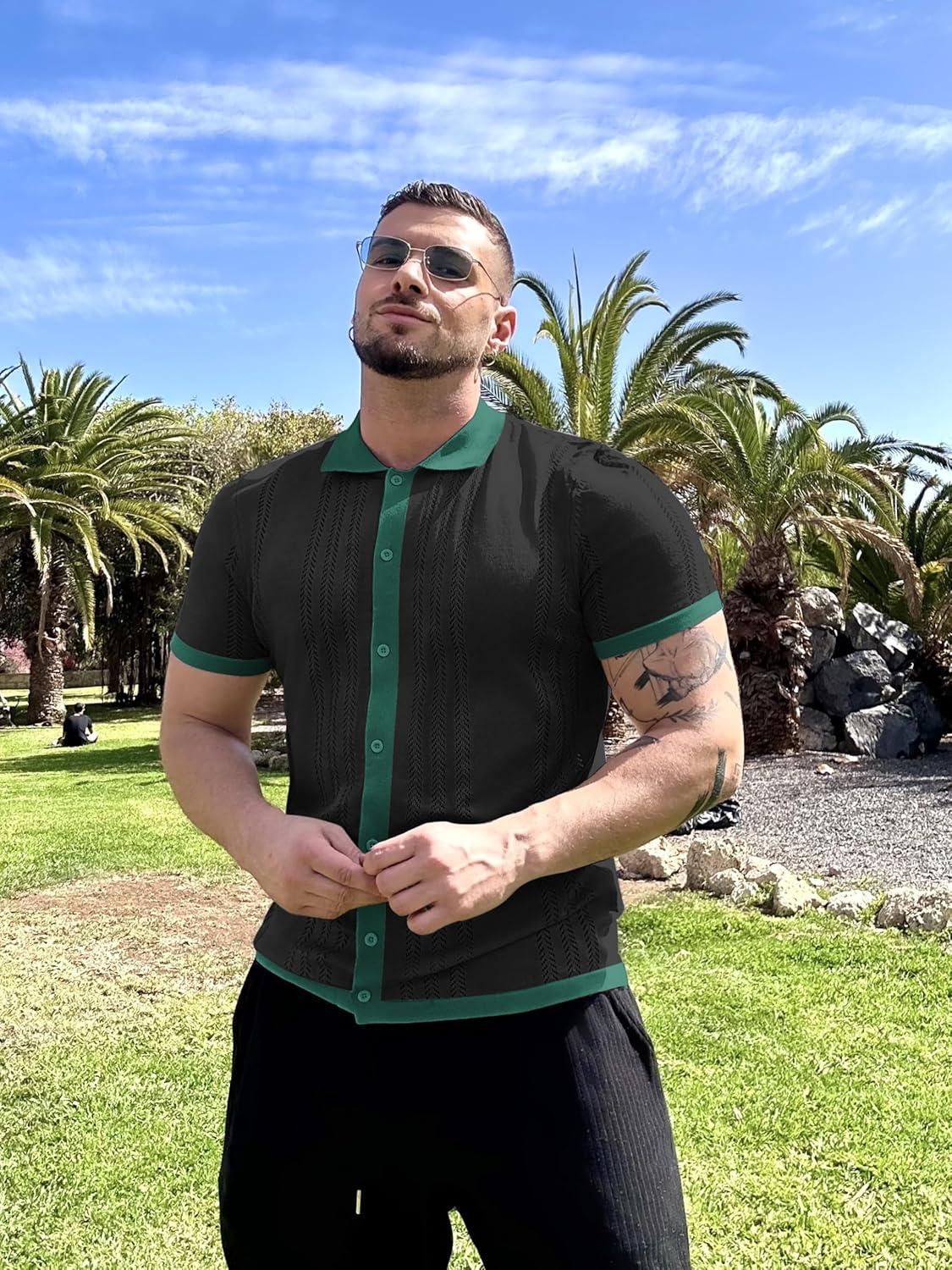 imageCOOFANDY Mens Knit Button Down Shirt Vintage Short Sleeve Polo Shirts Casual Beach TopsGreen Black