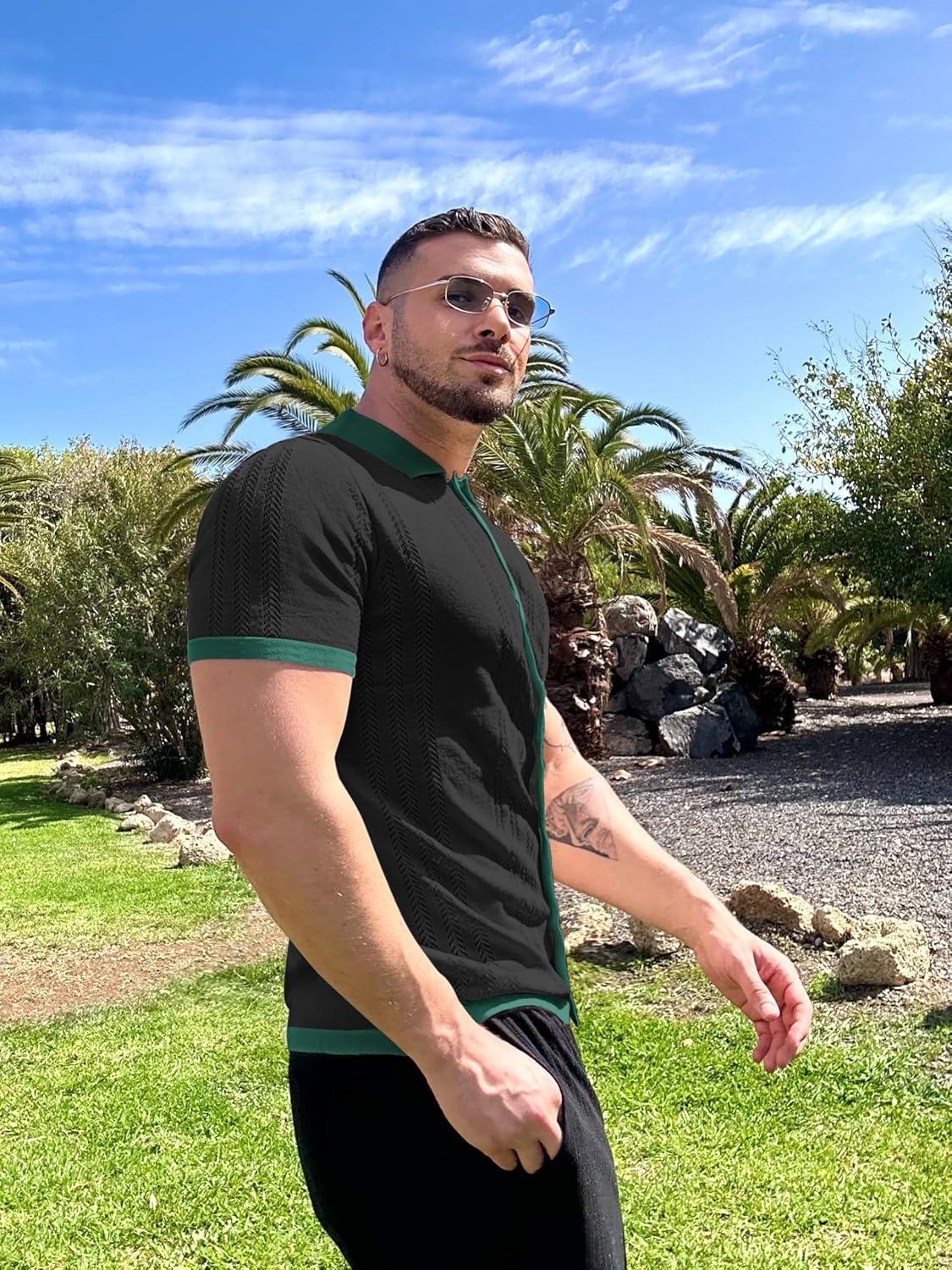 imageCOOFANDY Mens Knit Button Down Shirt Vintage Short Sleeve Polo Shirts Casual Beach TopsGreen Black