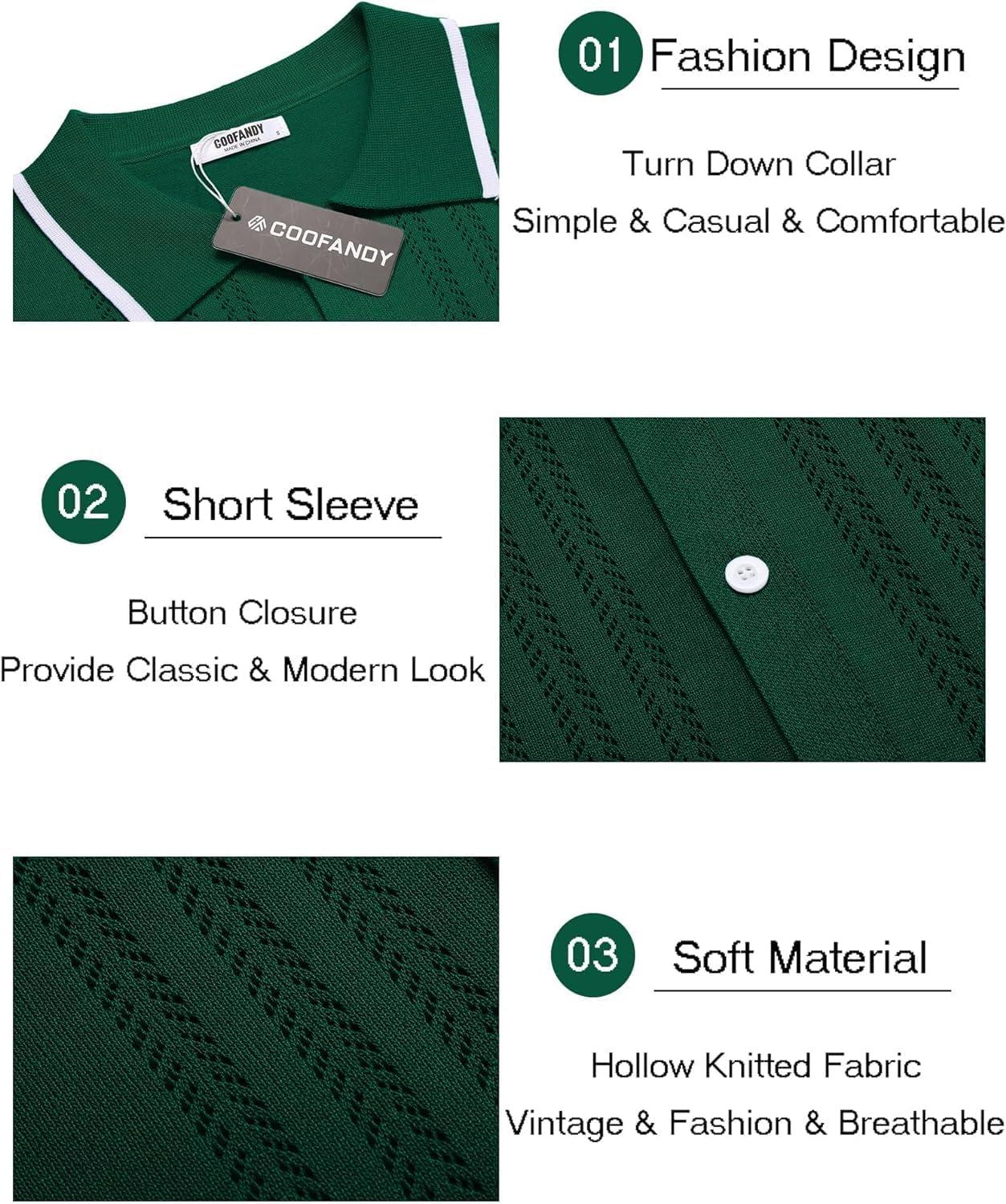 imageCOOFANDY Mens Knit Button Down Shirt Vintage Short Sleeve Polo Shirts Casual Beach TopsGreen