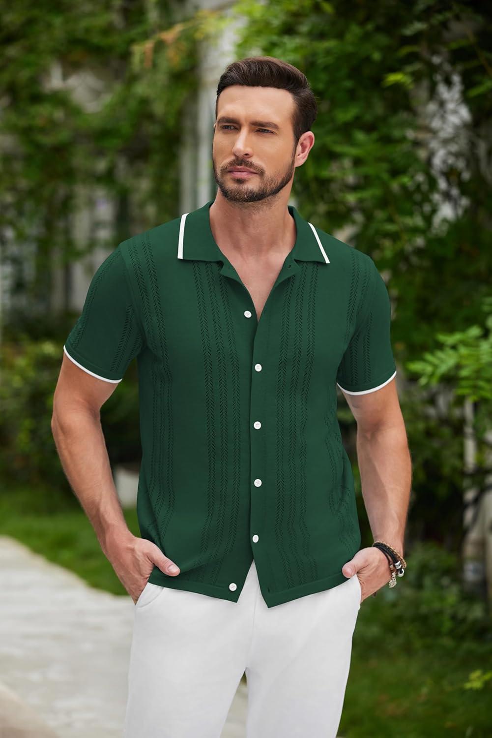 imageCOOFANDY Mens Knit Button Down Shirt Vintage Short Sleeve Polo Shirts Casual Beach TopsGreen