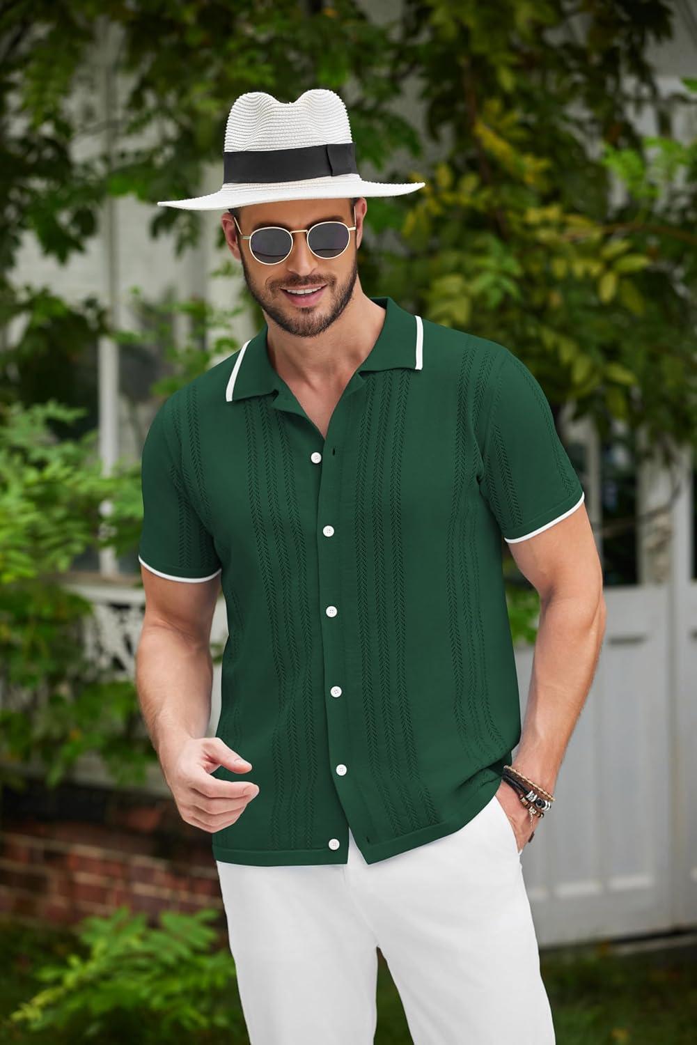 imageCOOFANDY Mens Knit Button Down Shirt Vintage Short Sleeve Polo Shirts Casual Beach TopsGreen