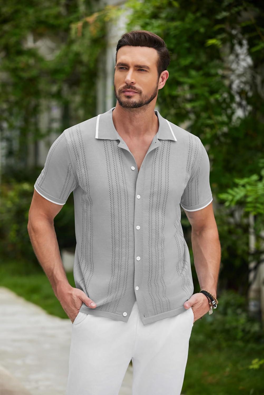 imageCOOFANDY Mens Knit Button Down Shirt Vintage Short Sleeve Polo Shirts Casual Beach TopsLight Gray