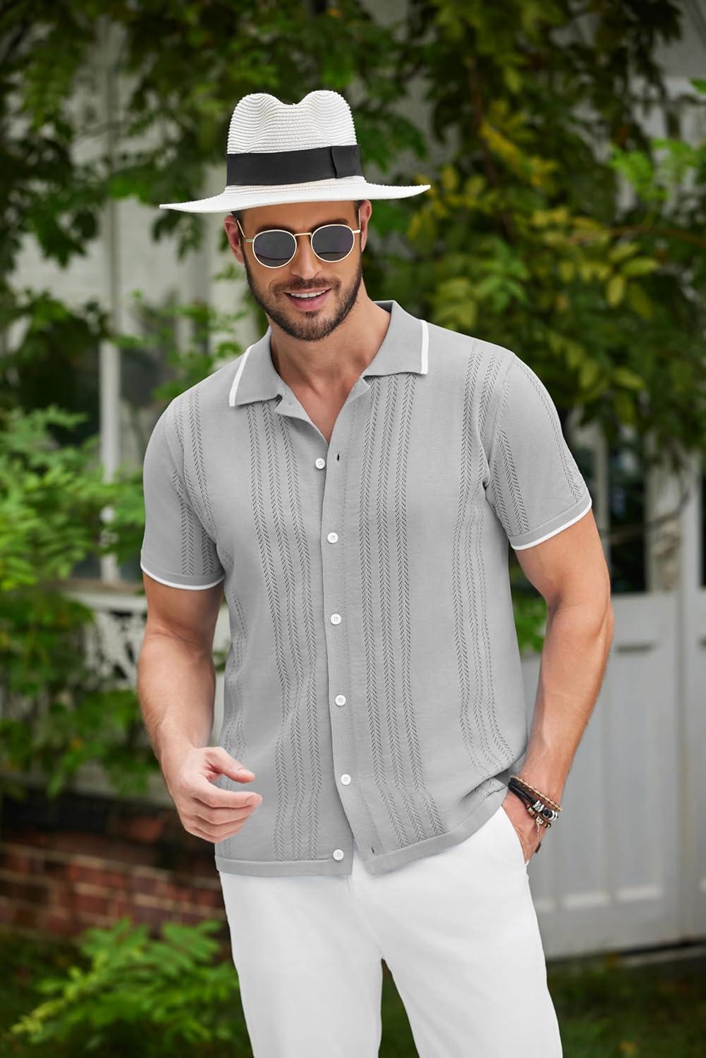 imageCOOFANDY Mens Knit Button Down Shirt Vintage Short Sleeve Polo Shirts Casual Beach TopsLight Gray