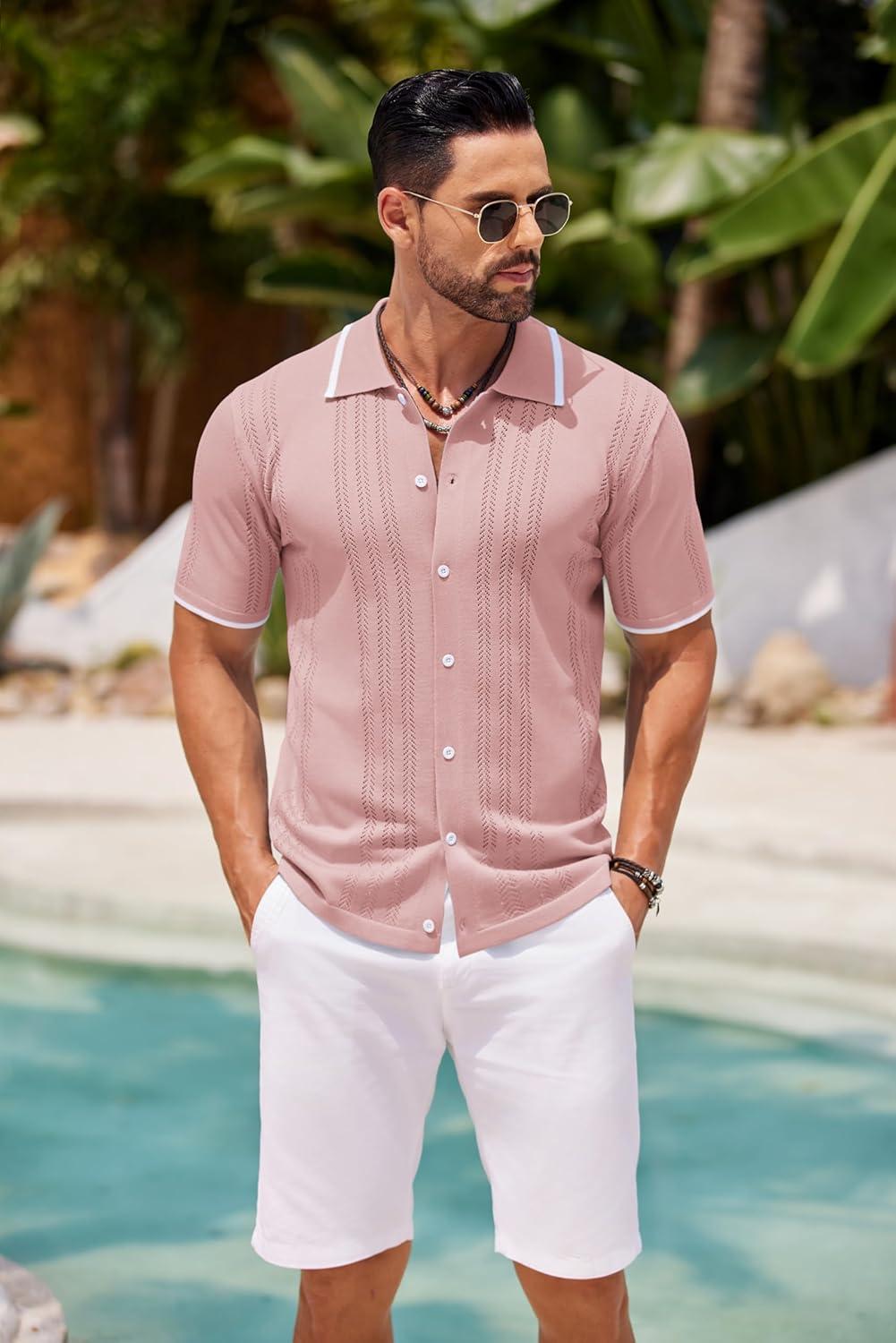 imageCOOFANDY Mens Knit Button Down Shirt Vintage Short Sleeve Polo Shirts Casual Beach TopsLight Pink