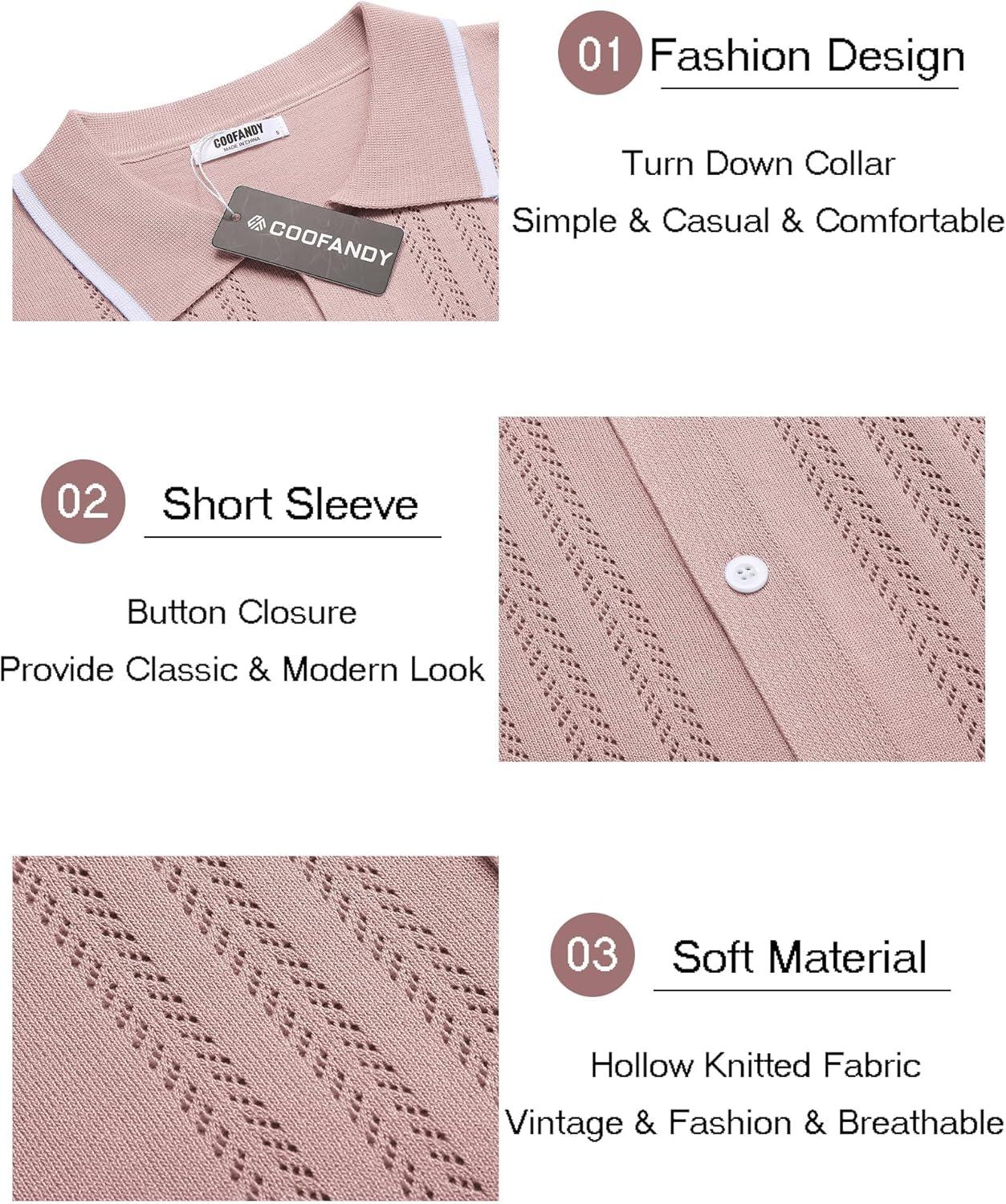 imageCOOFANDY Mens Knit Button Down Shirt Vintage Short Sleeve Polo Shirts Casual Beach TopsLight Pink