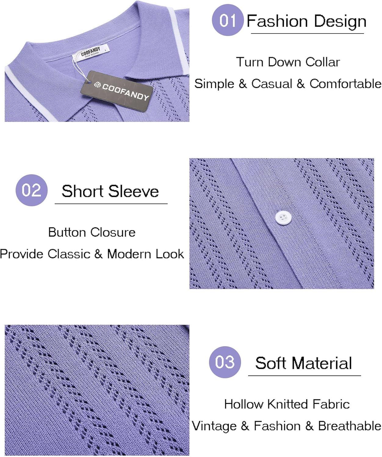 imageCOOFANDY Mens Knit Button Down Shirt Vintage Short Sleeve Polo Shirts Casual Beach TopsLight Purple