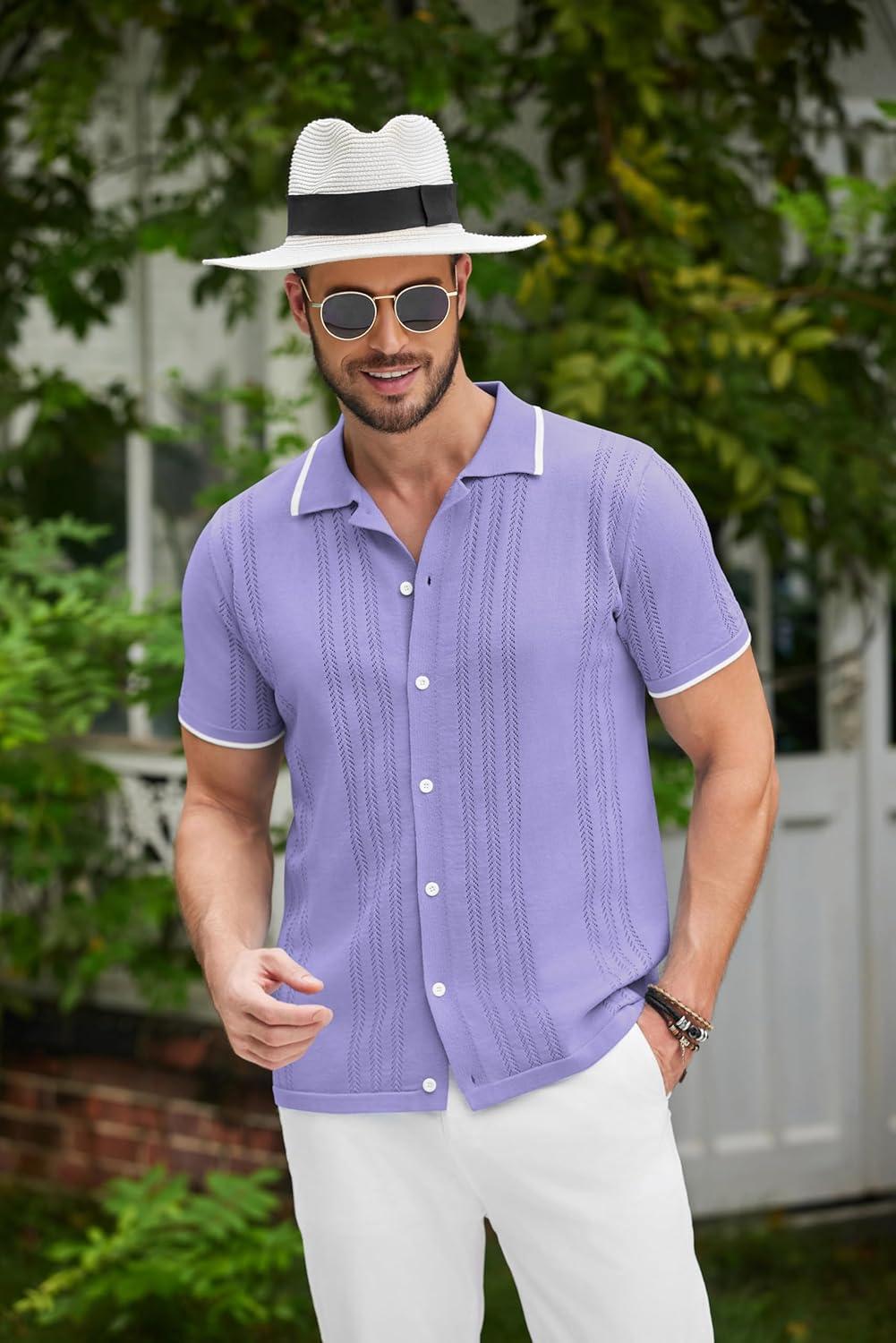 imageCOOFANDY Mens Knit Button Down Shirt Vintage Short Sleeve Polo Shirts Casual Beach TopsLight Purple