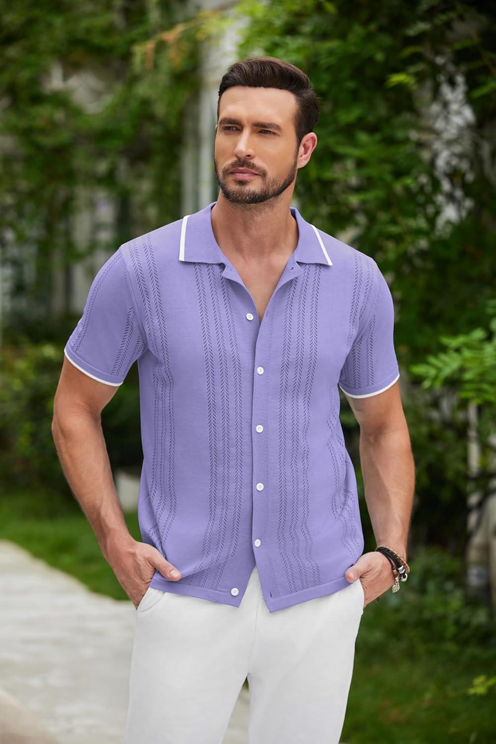 imageCOOFANDY Mens Knit Button Down Shirt Vintage Short Sleeve Polo Shirts Casual Beach TopsLight Purple