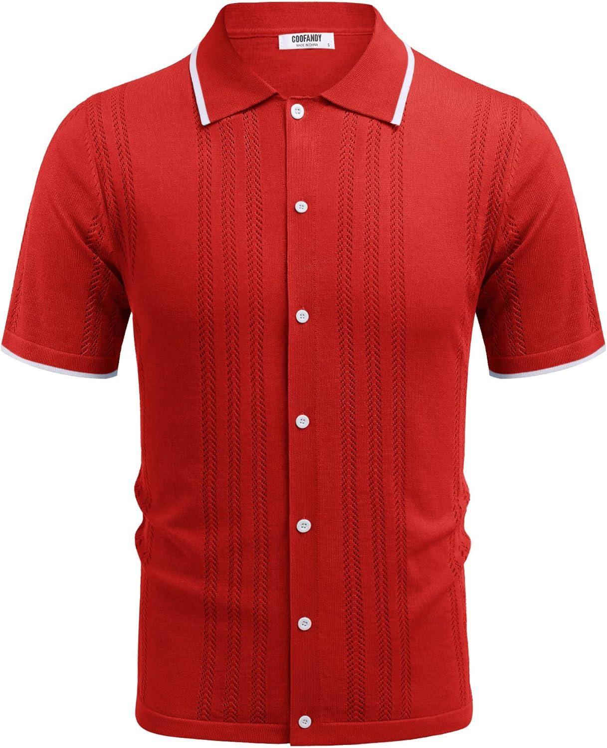 imageCOOFANDY Mens Knit Button Down Shirt Vintage Short Sleeve Polo Shirts Casual Beach TopsRed