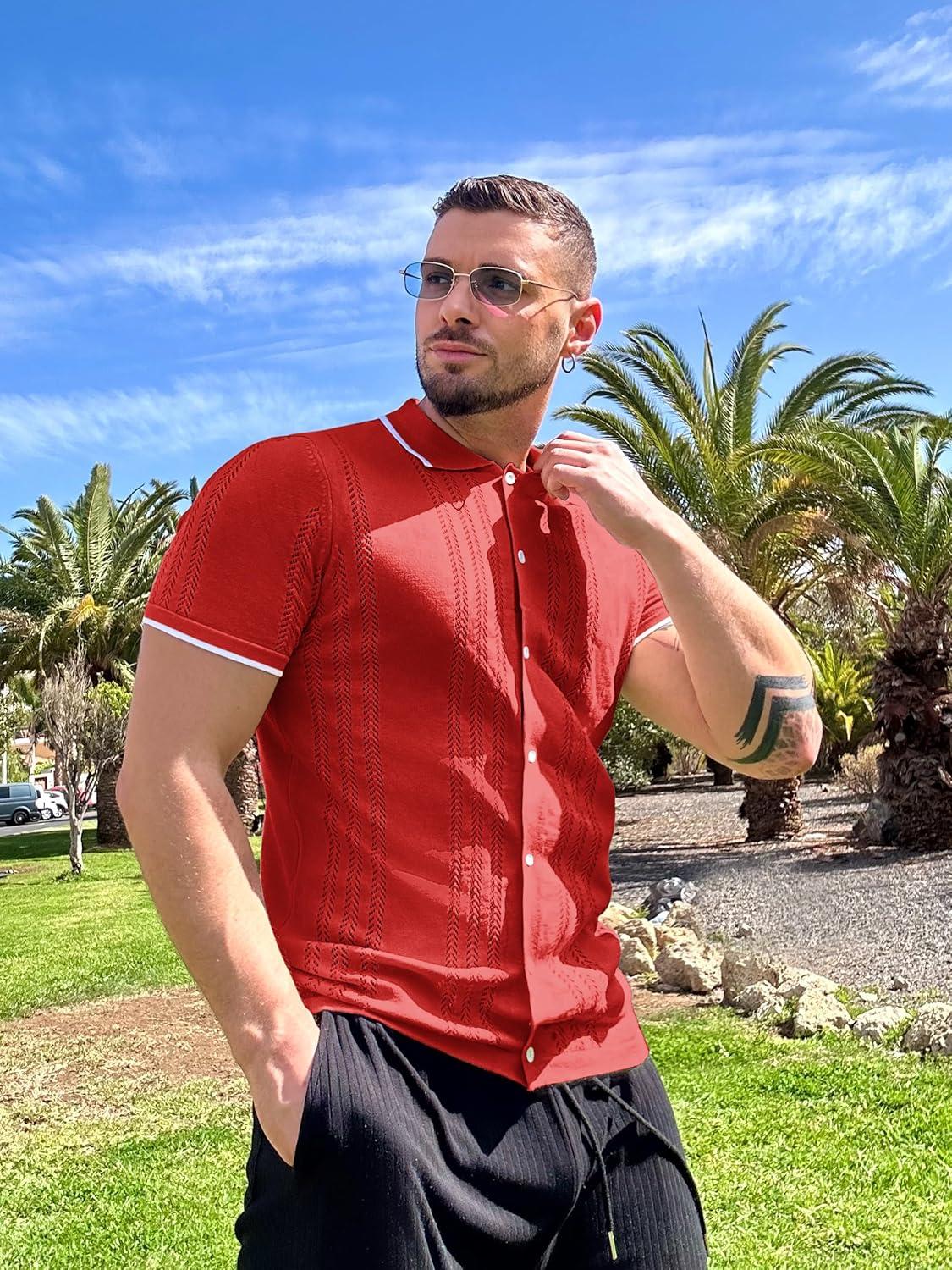 imageCOOFANDY Mens Knit Button Down Shirt Vintage Short Sleeve Polo Shirts Casual Beach TopsRed