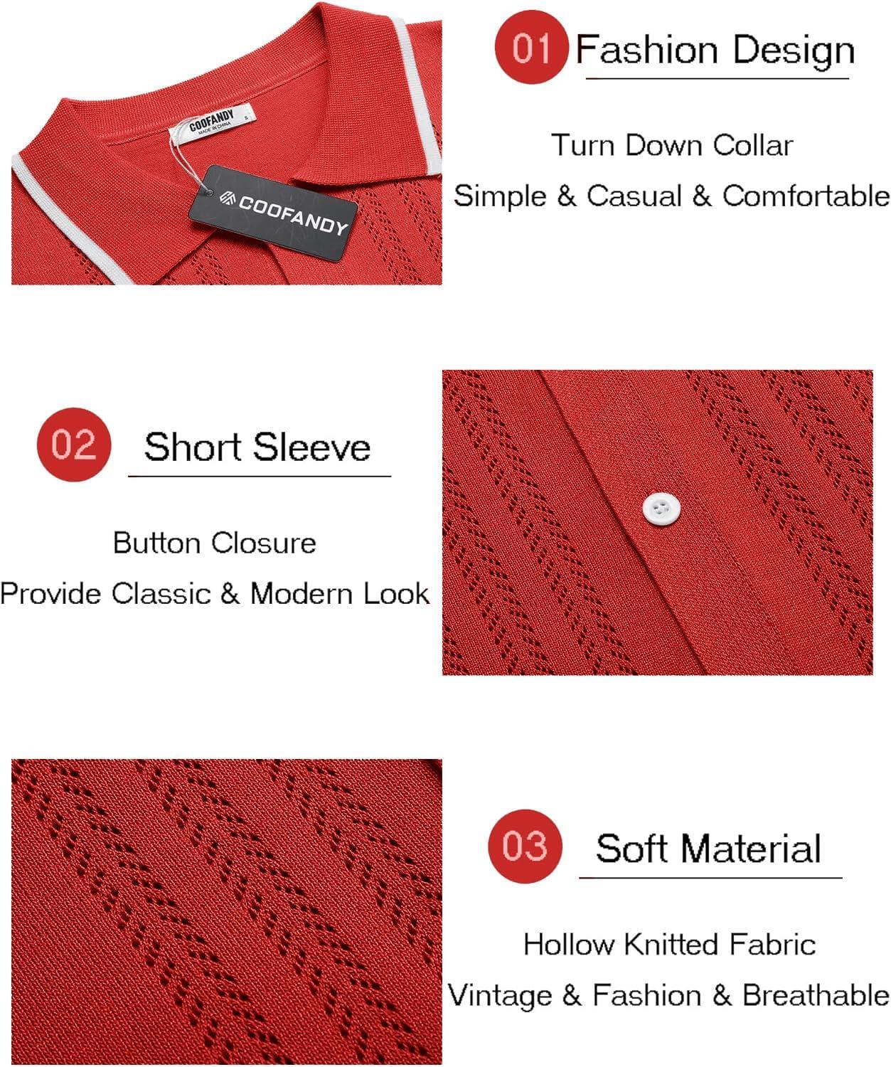 imageCOOFANDY Mens Knit Button Down Shirt Vintage Short Sleeve Polo Shirts Casual Beach TopsRed