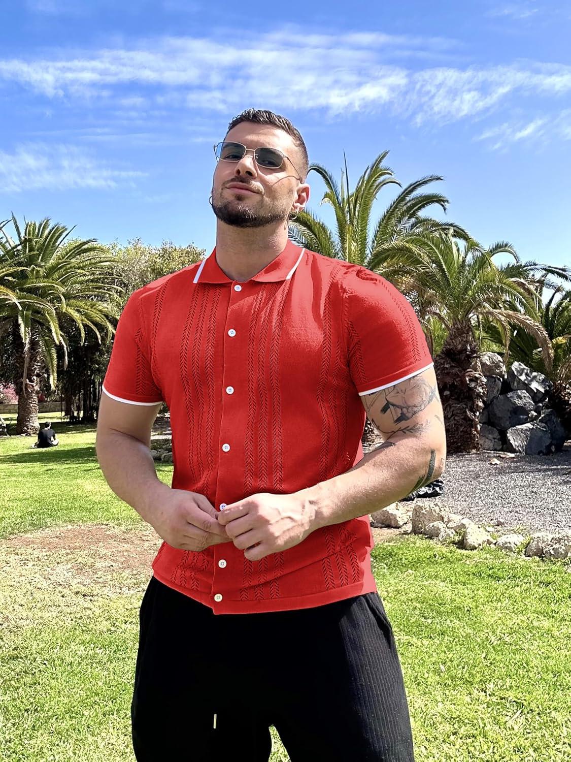 imageCOOFANDY Mens Knit Button Down Shirt Vintage Short Sleeve Polo Shirts Casual Beach TopsRed
