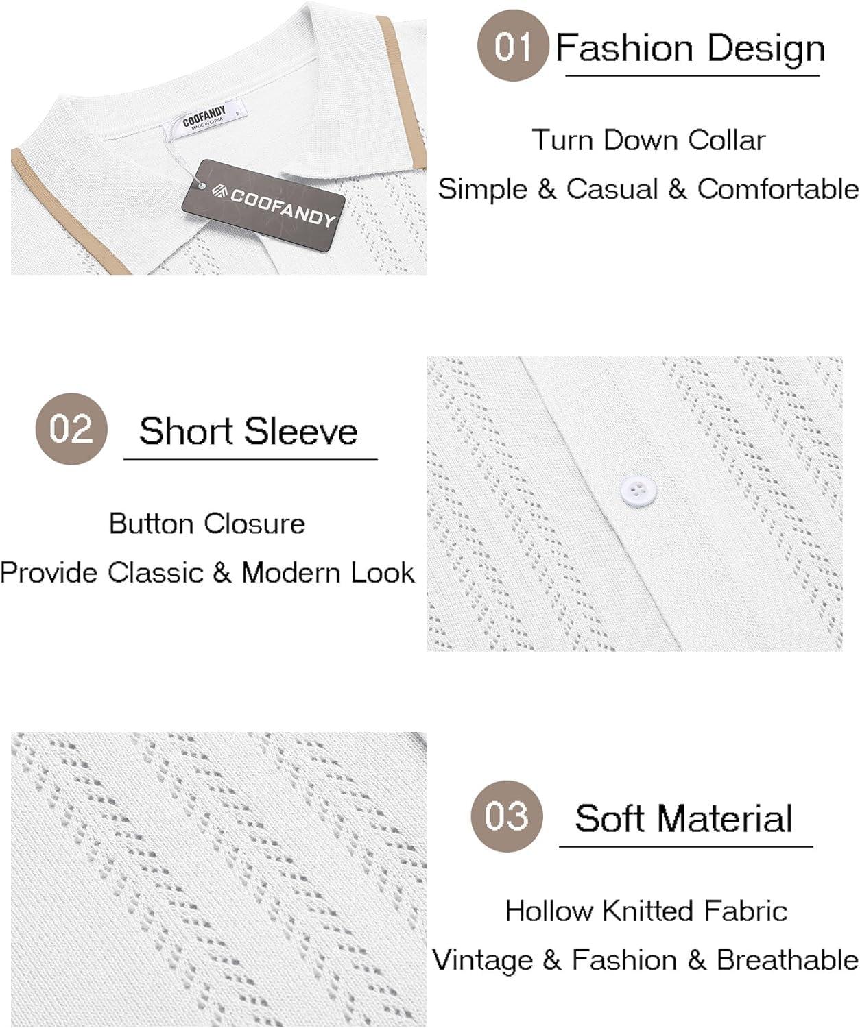 imageCOOFANDY Mens Knit Button Down Shirt Vintage Short Sleeve Polo Shirts Casual Beach TopsWhite