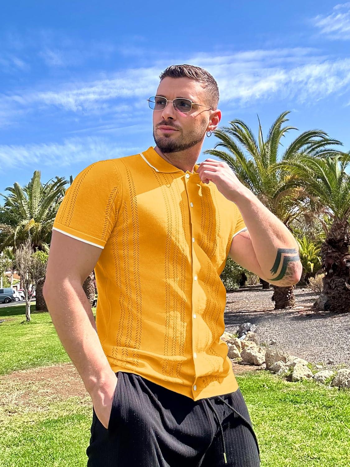 imageCOOFANDY Mens Knit Button Down Shirt Vintage Short Sleeve Polo Shirts Casual Beach TopsYellow
