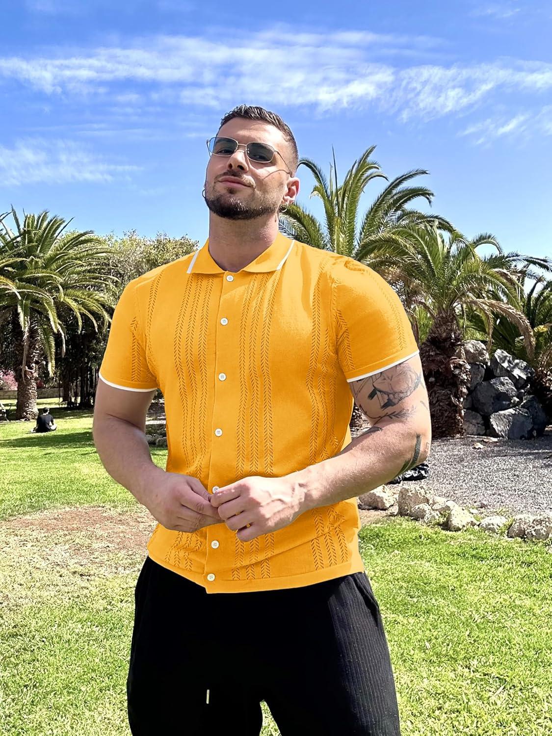 imageCOOFANDY Mens Knit Button Down Shirt Vintage Short Sleeve Polo Shirts Casual Beach TopsYellow