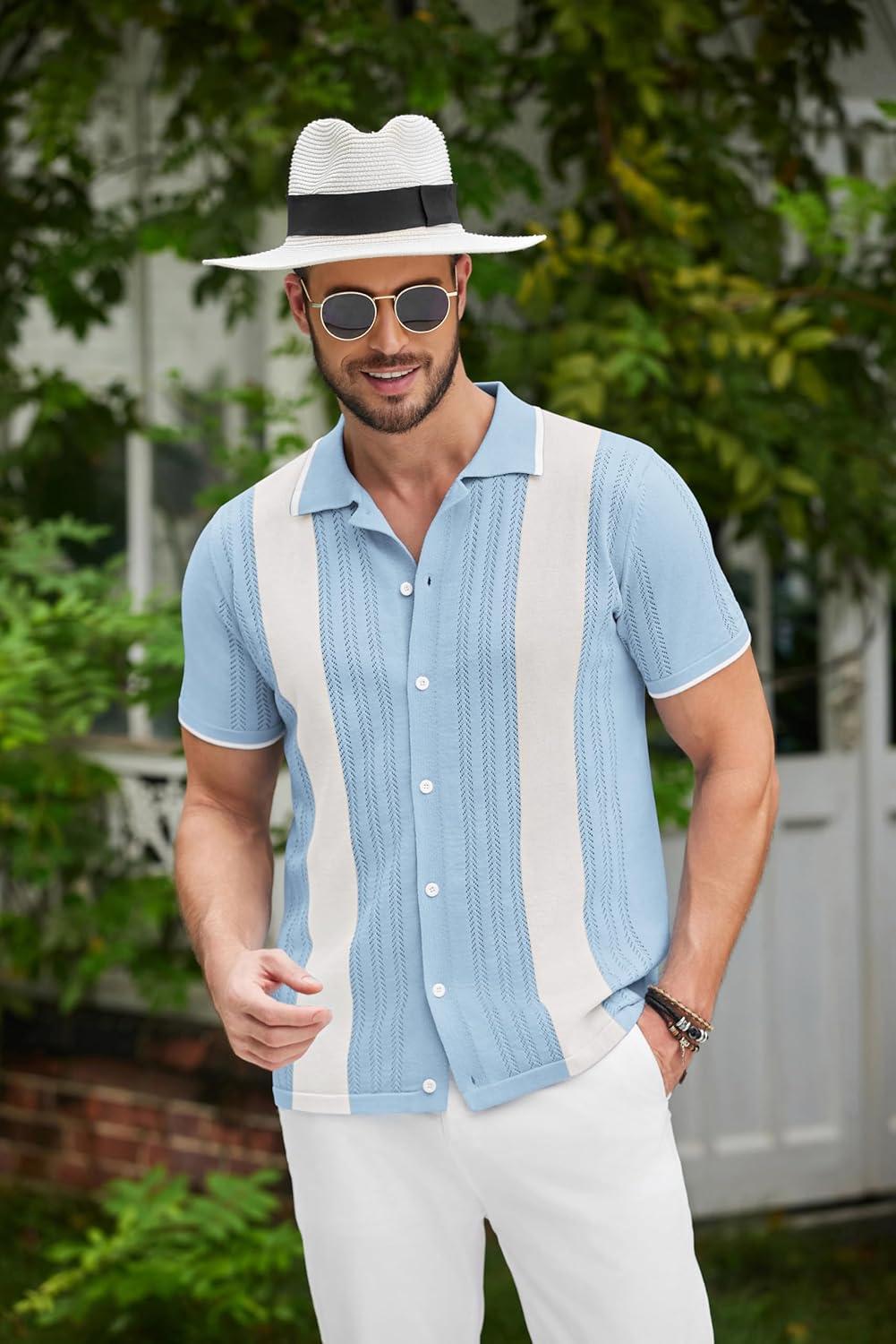 imageCOOFANDY Mens Knit Button Down Shirt Vintage Short Sleeve Polo Shirts Casual Beach TopsZ Stripe Blue White