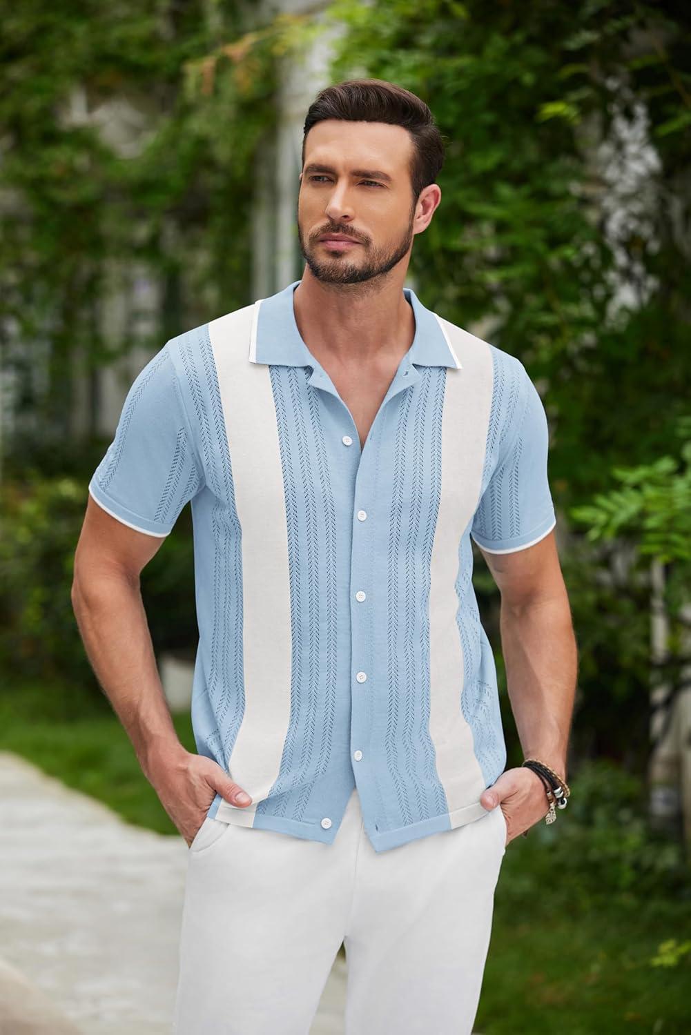 imageCOOFANDY Mens Knit Button Down Shirt Vintage Short Sleeve Polo Shirts Casual Beach TopsZ Stripe Blue White