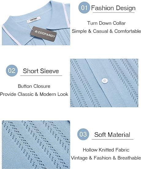 imageCOOFANDY Mens Knit Button Down Shirt Vintage Short Sleeve Polo Shirts Casual Beach TopsZ Stripe Blue White