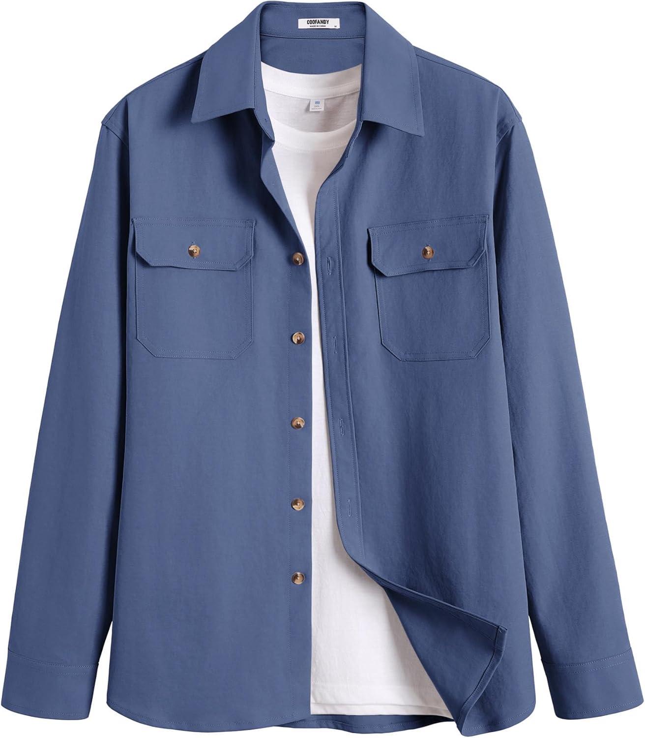imageCOOFANDY Mens Long Sleeve Button Up Shirt Jacket with Flap PocketsDenim Blue