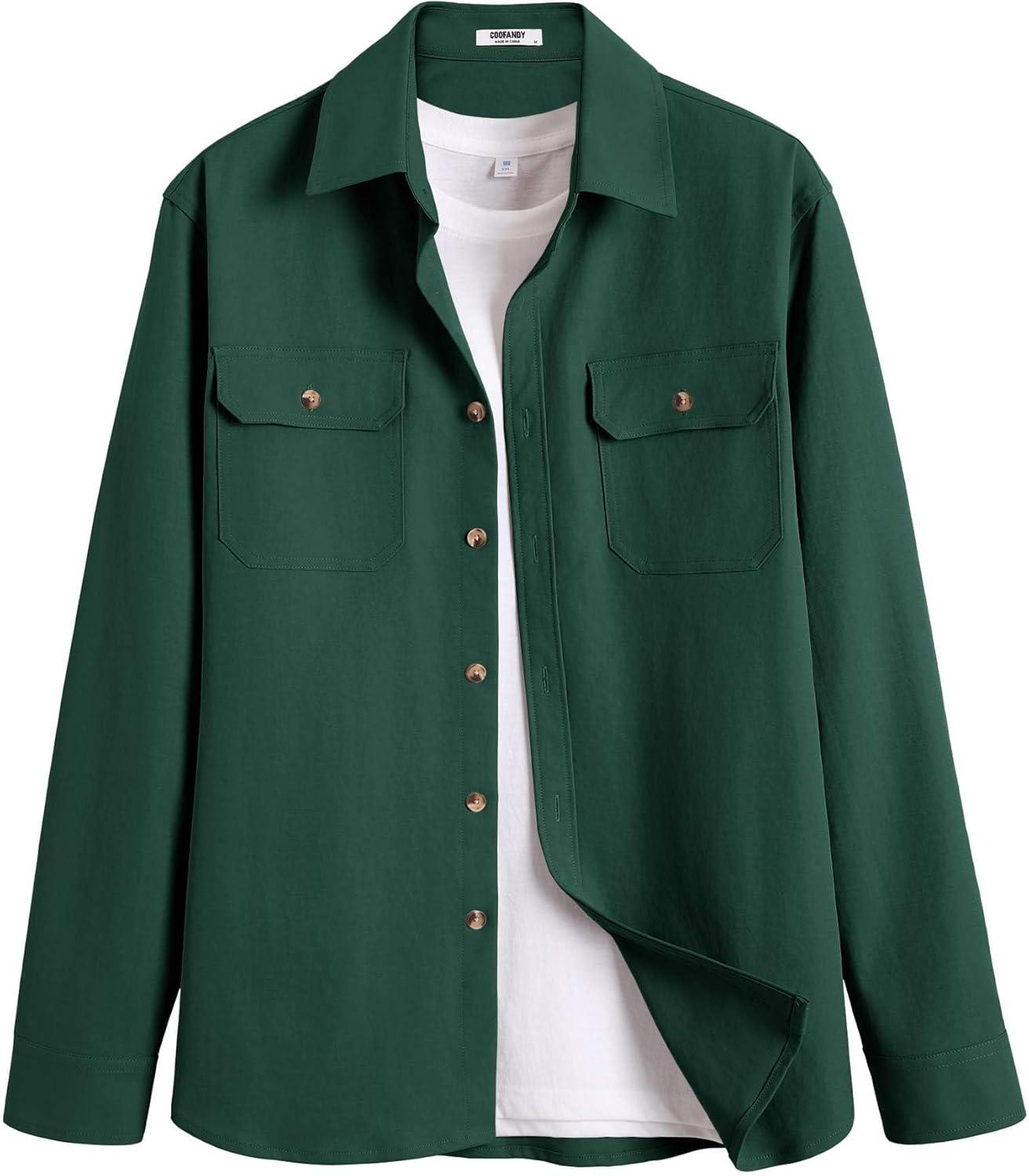 imageCOOFANDY Mens Long Sleeve Button Up Shirt Jacket with Flap PocketsGreen