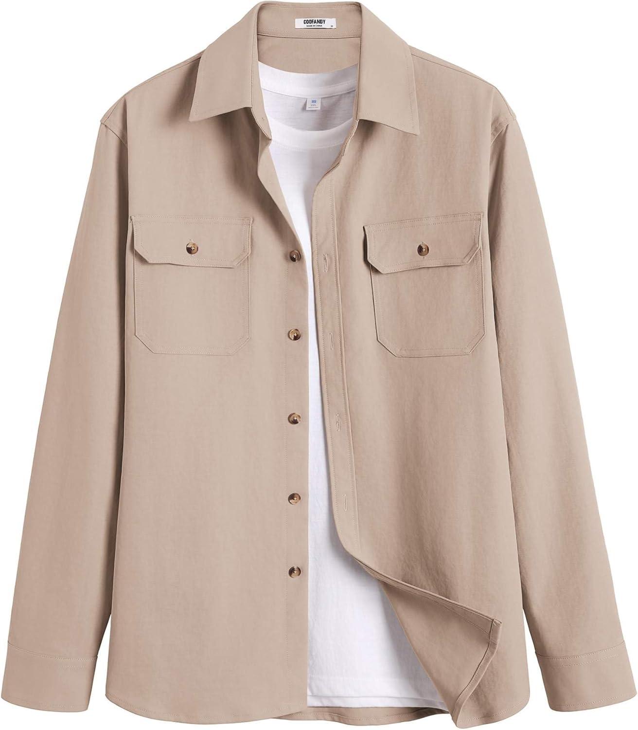 imageCOOFANDY Mens Long Sleeve Button Up Shirt Jacket with Flap PocketsLight Khaki
