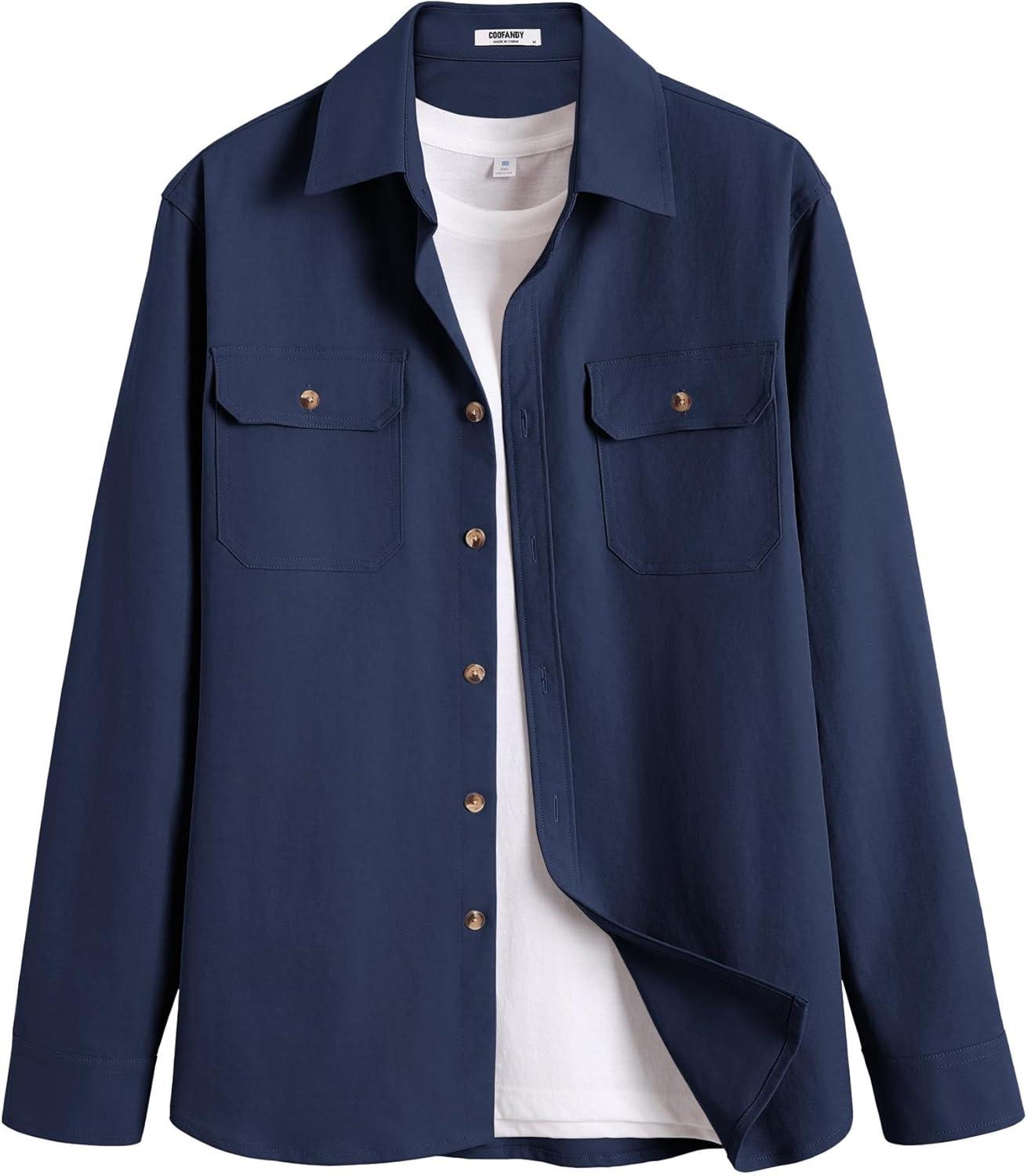imageCOOFANDY Mens Long Sleeve Button Up Shirt Jacket with Flap PocketsNavy Blue
