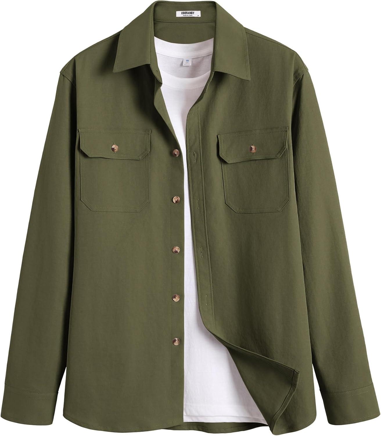 imageCOOFANDY Mens Long Sleeve Button Up Shirt Jacket with Flap PocketsOlive Green
