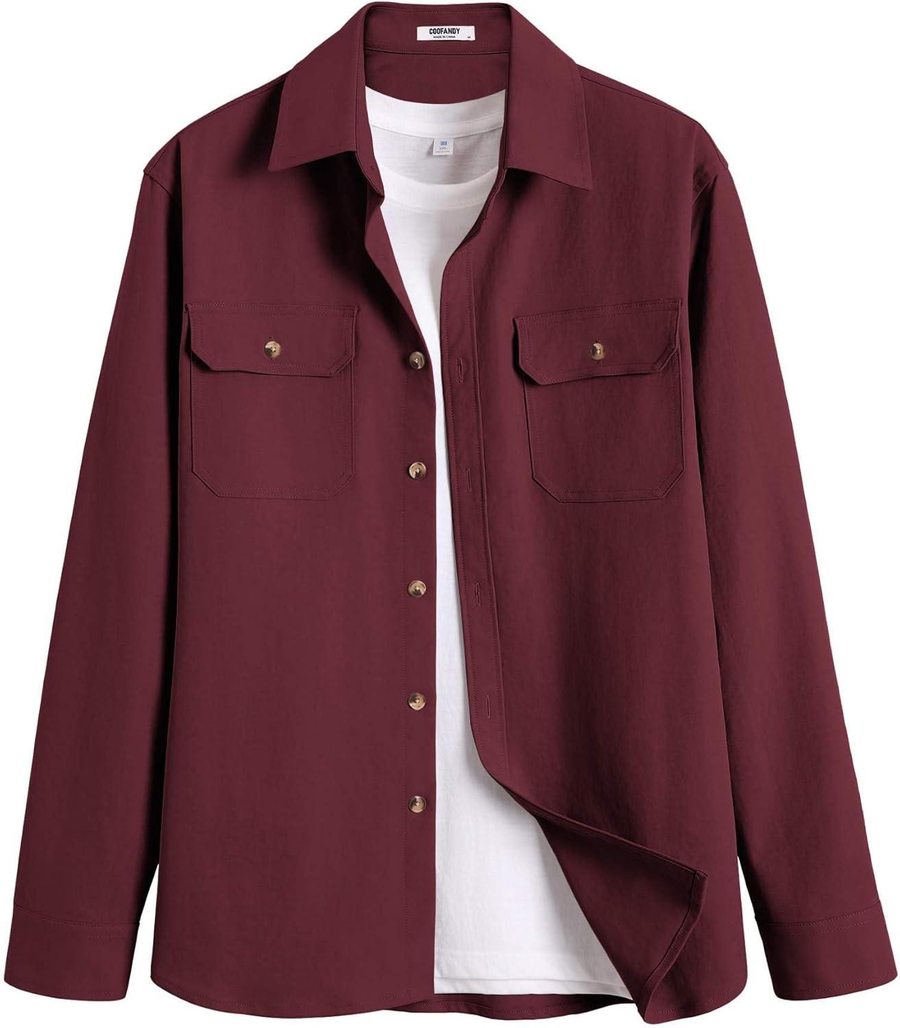 imageCOOFANDY Mens Long Sleeve Button Up Shirt Jacket with Flap PocketsWine Red