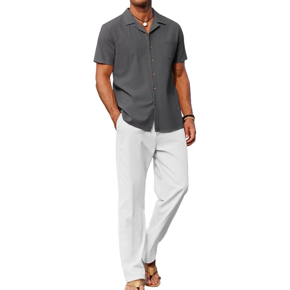 imageCOOFANDY Men 2 Piece Linen Outfit Beach Button Down Shirt Casual Loose Pant SetsDark Gray ShirtWhite Pants