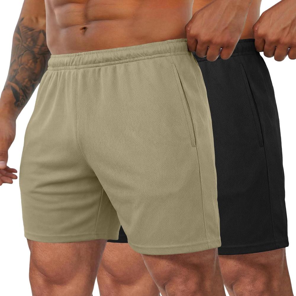 imageCOOFANDY Mens 3 Pack Workout Gym Shorts Mesh Athletic Shorts Lightweight Bodybuilding Training Short Pants with PocketsBlackKhaki
