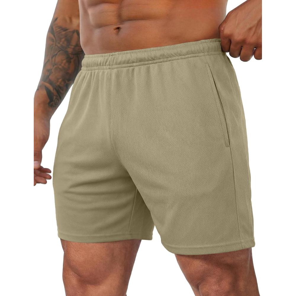 imageCOOFANDY Mens 3 Pack Workout Gym Shorts Mesh Athletic Shorts Lightweight Bodybuilding Training Short Pants with PocketsKhaki