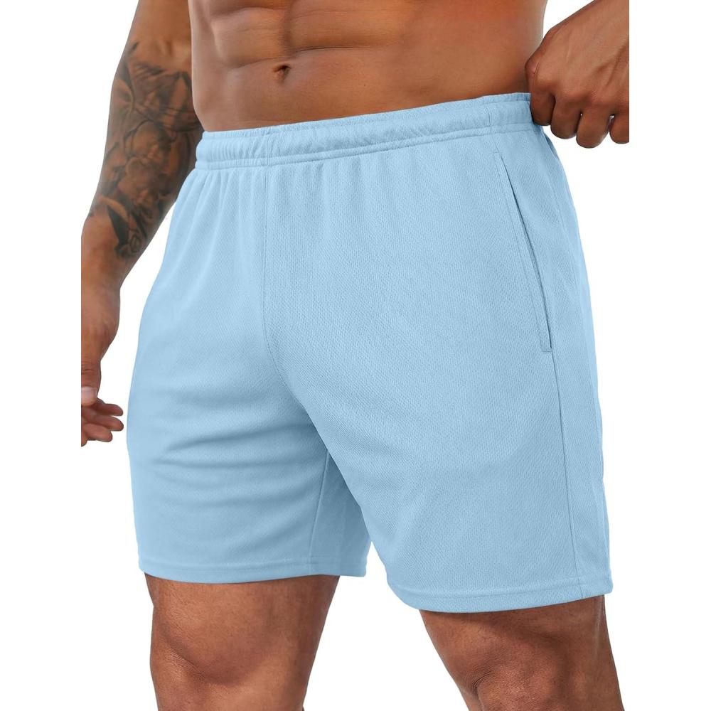 imageCOOFANDY Mens 3 Pack Workout Gym Shorts Mesh Athletic Shorts Lightweight Bodybuilding Training Short Pants with PocketsLight Blue
