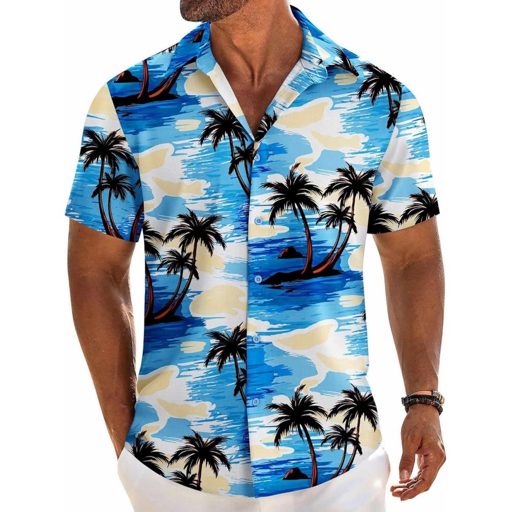 imageCOOFANDY Mens Button Down Short Sleeve Shirt Casual Beach Linen Shirts Wedding Summer Vacation ShirtBlue Sea